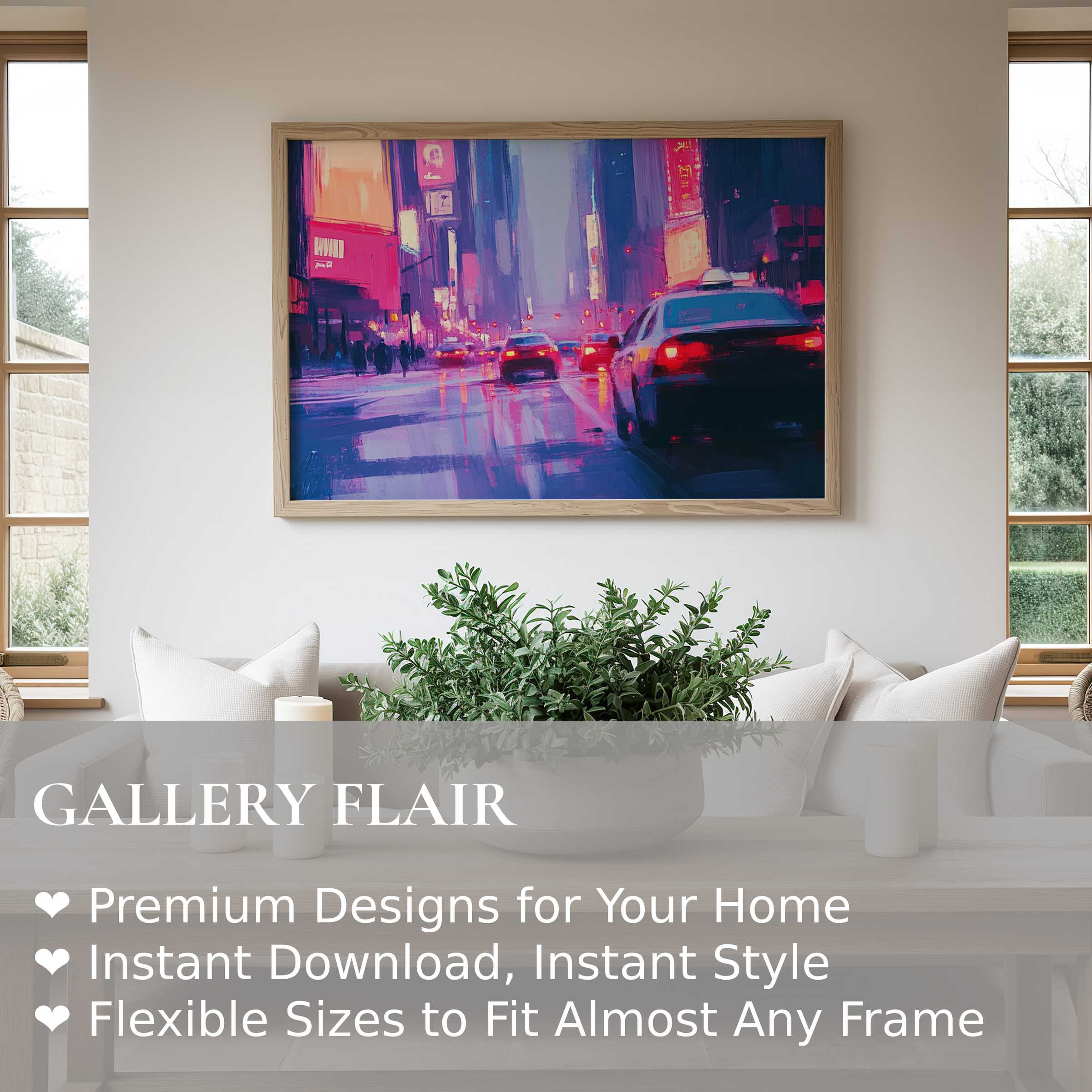 Vibrant urban art wall art print capturing a luminous city street at dusk, enhancing sleek modern interiors with bold, dynamic energy