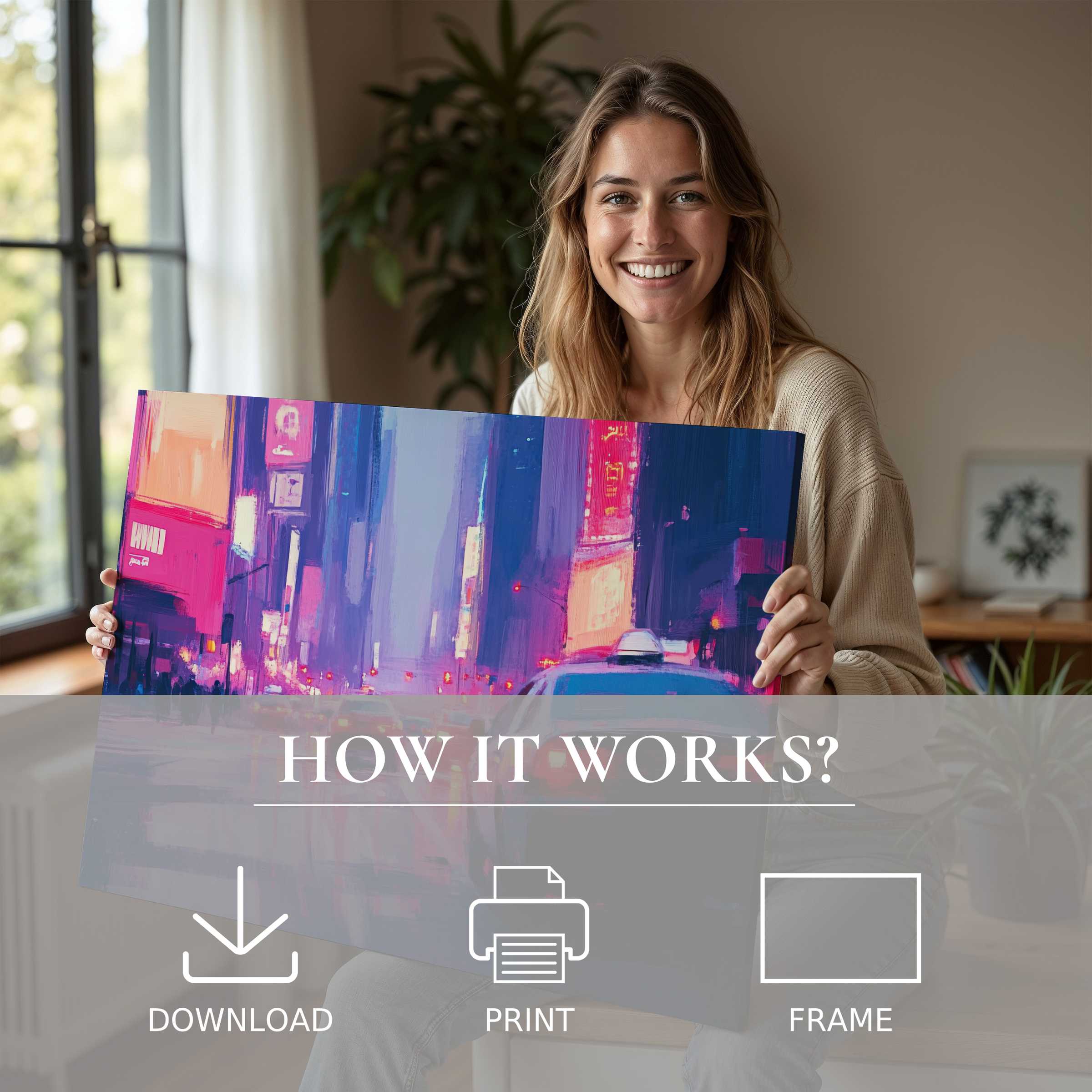 Radiant urban digital art print embraced in a serene modern home, capturing joy and effortless beauty in everyday living