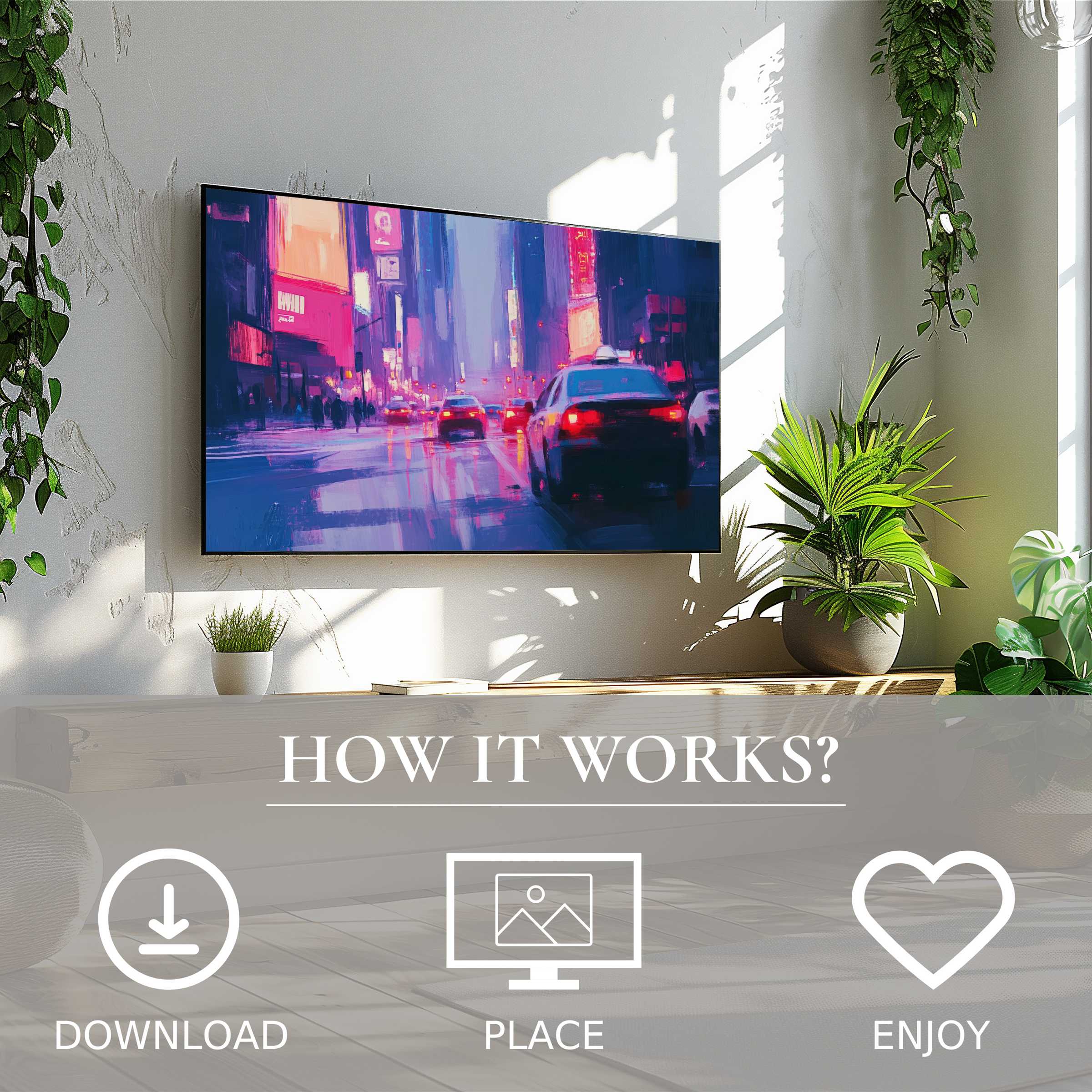 Urban art for Samsung TV showing vibrant city nightlife with color flow, easy digital download enriches your modern space