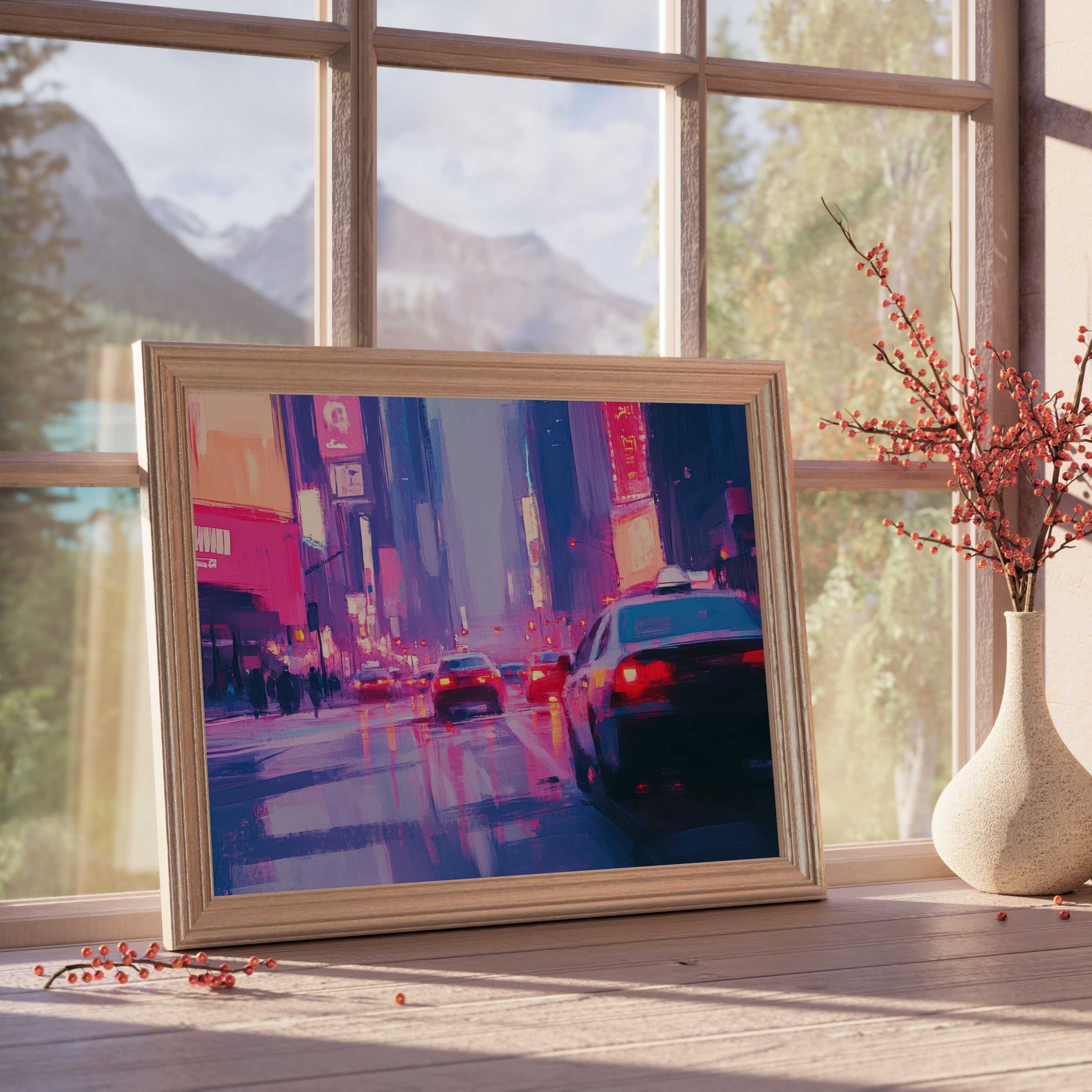 Urban downloadable art capturing rain-soaked city streets aglow with neon lights, perfect for curated, tranquil interiors