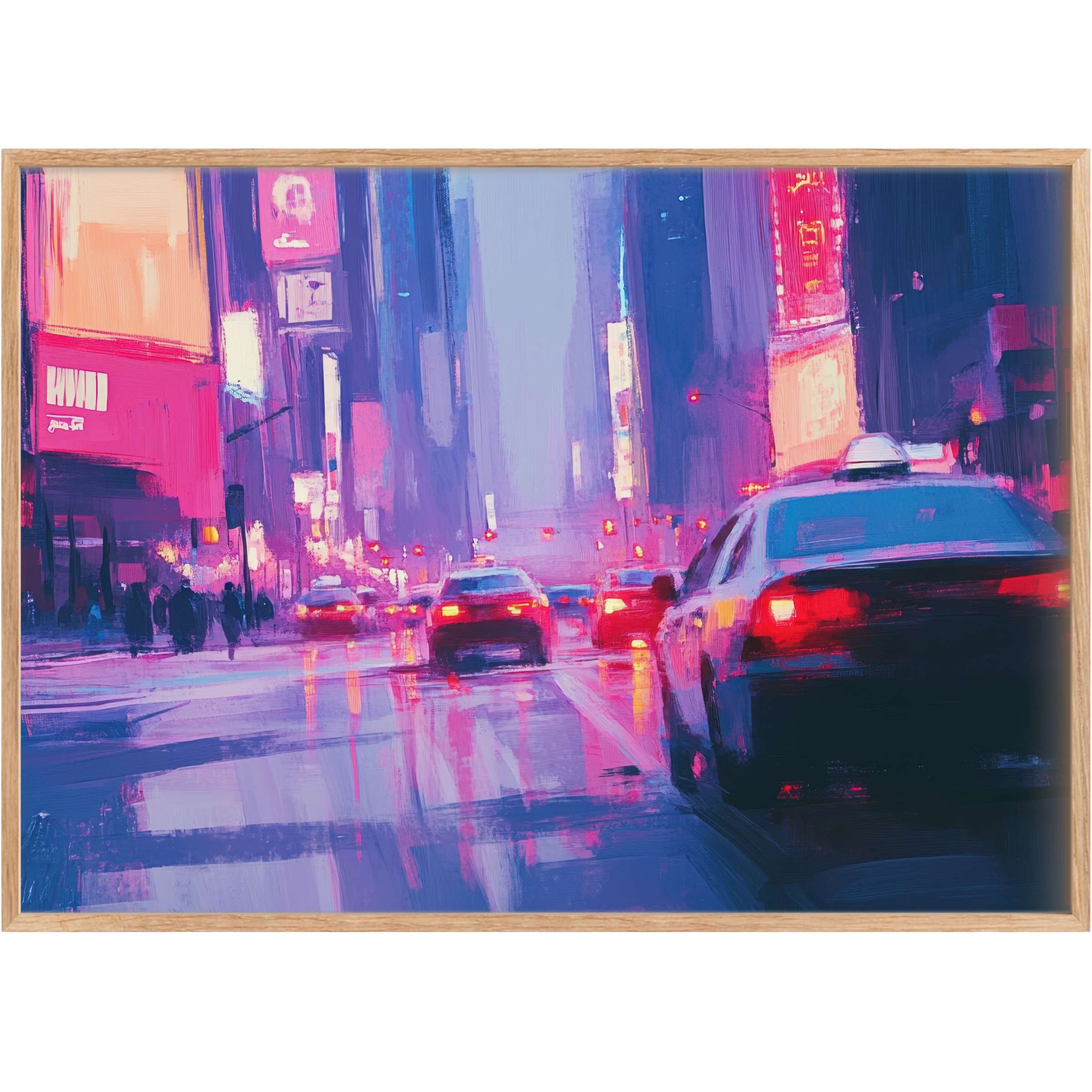 Vibrant urban printable wall art radiates energy with neon pinks and blues, capturing a dynamic city night ambiance