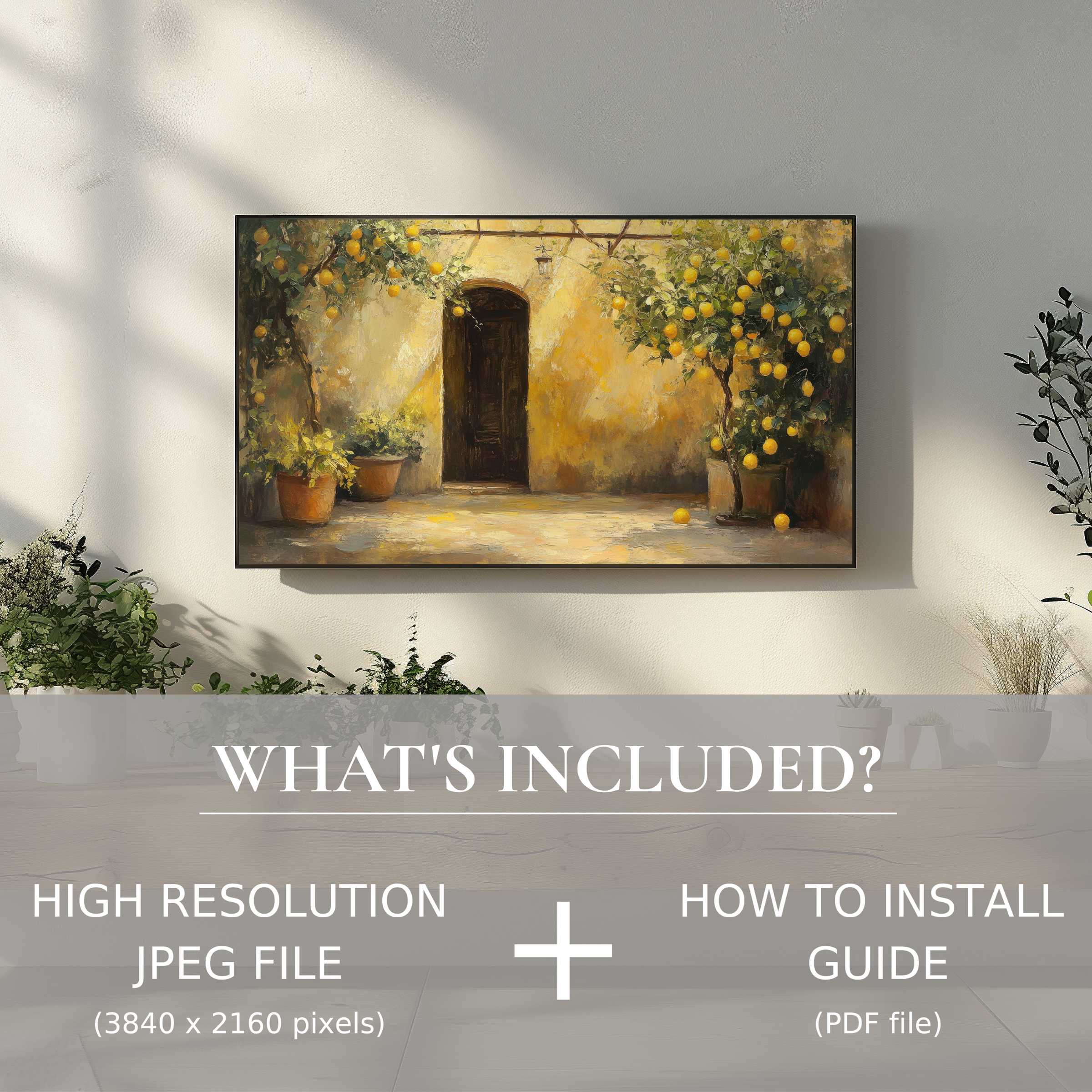 Elegant tree digital TV art download featuring lemon trees adds warmth and style, easily enhancing any modern living space