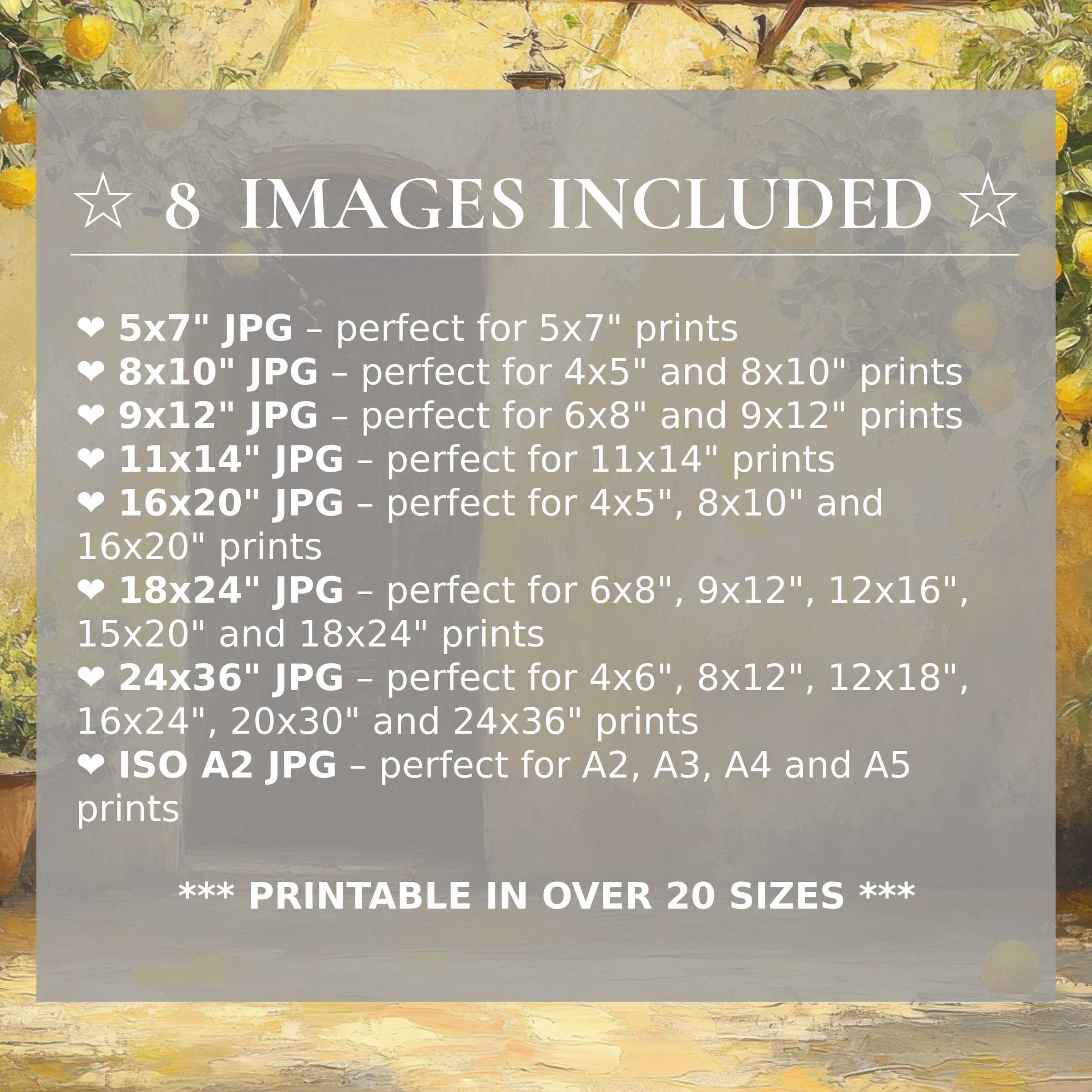 Print size guide showing 8 included JPG formats for versatile wall art printing – perfect for framing in popular sizes from 5x7 to 24x36 and A2