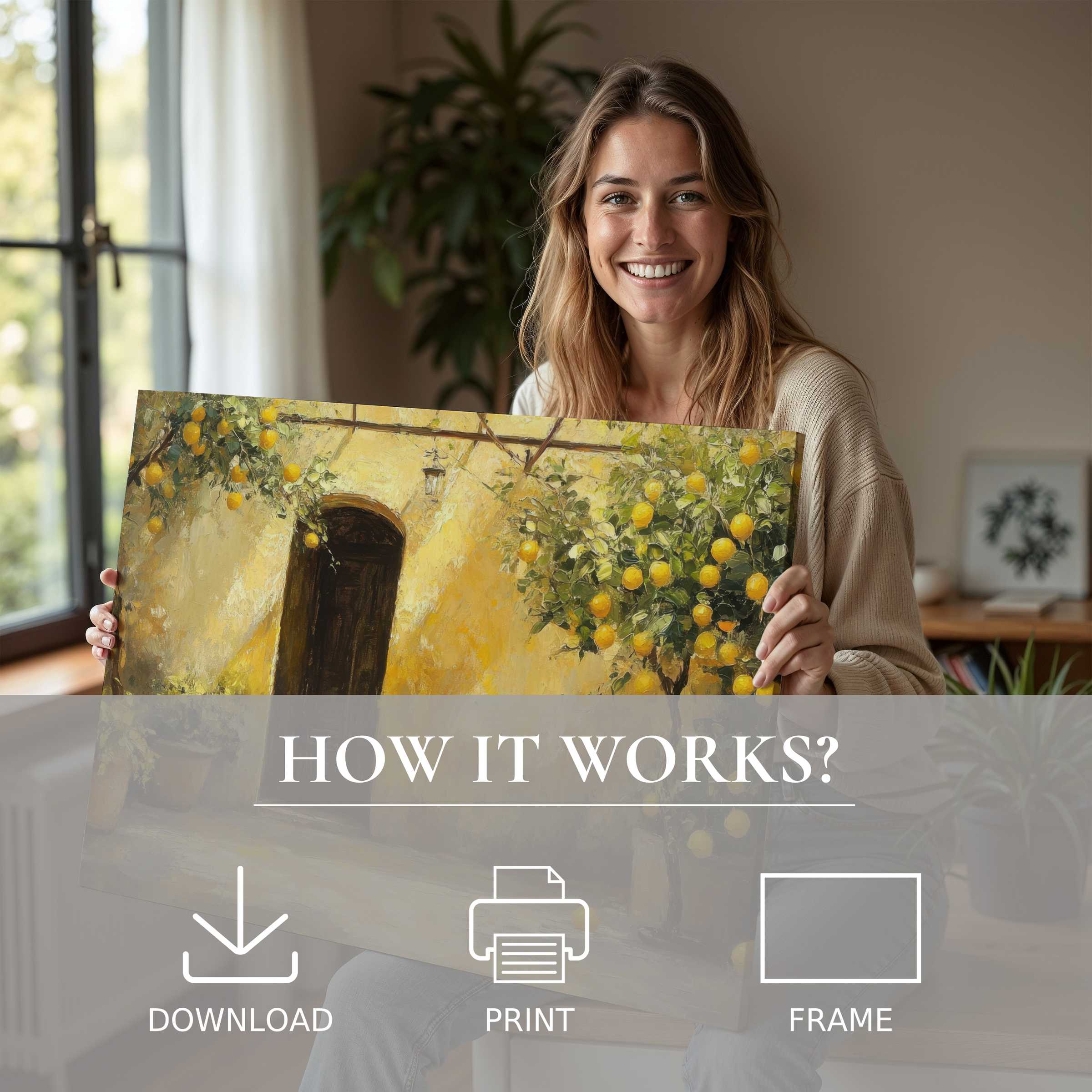 Radiant joy in a modern home as a woman embraces a tree digital art print, embodying effortless elegance and warmth