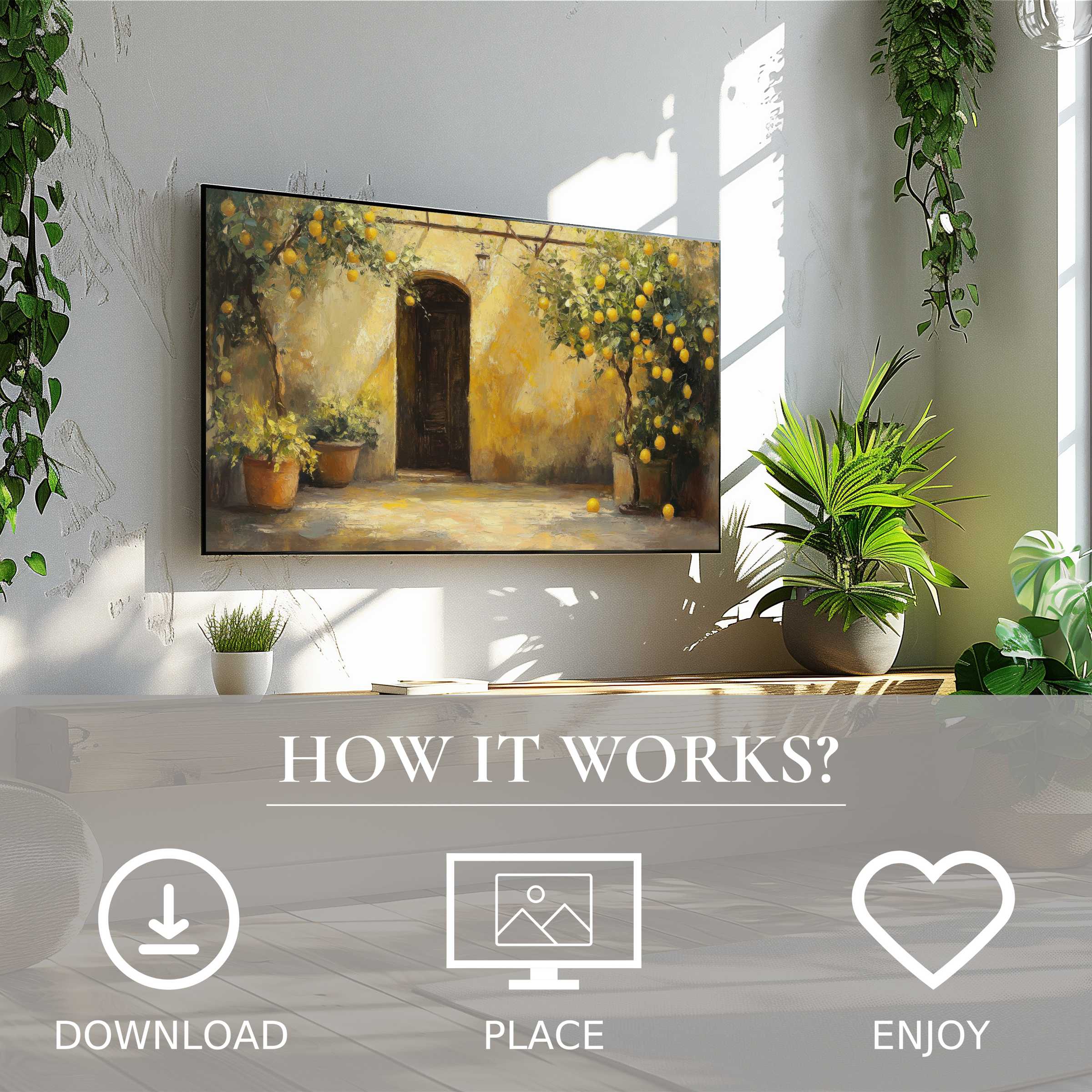 Tree art for Samsung TV shows warm lemon tree motif in soft sunset tones, easy digital download enriches modern living spaces