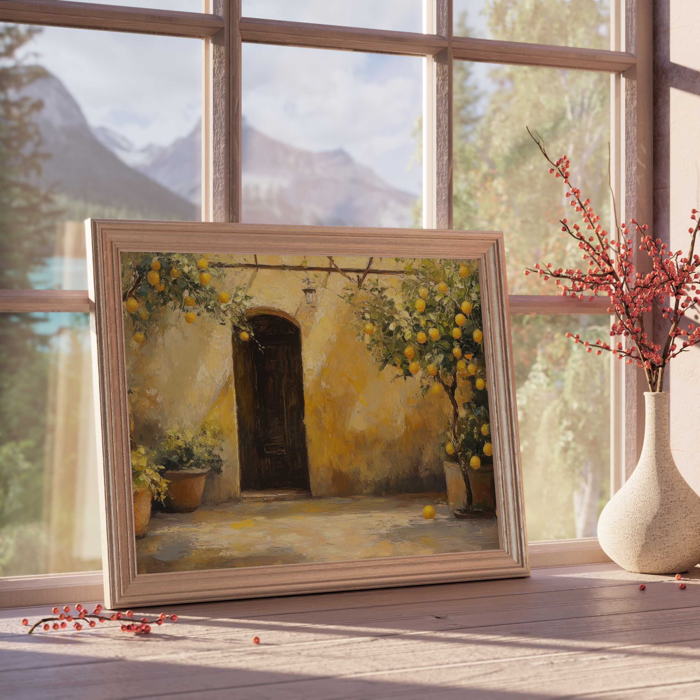 Sunlit Mediterranean courtyard scene with lemon tree downloadable art, evoking calm, curated elegance in luxe interiors