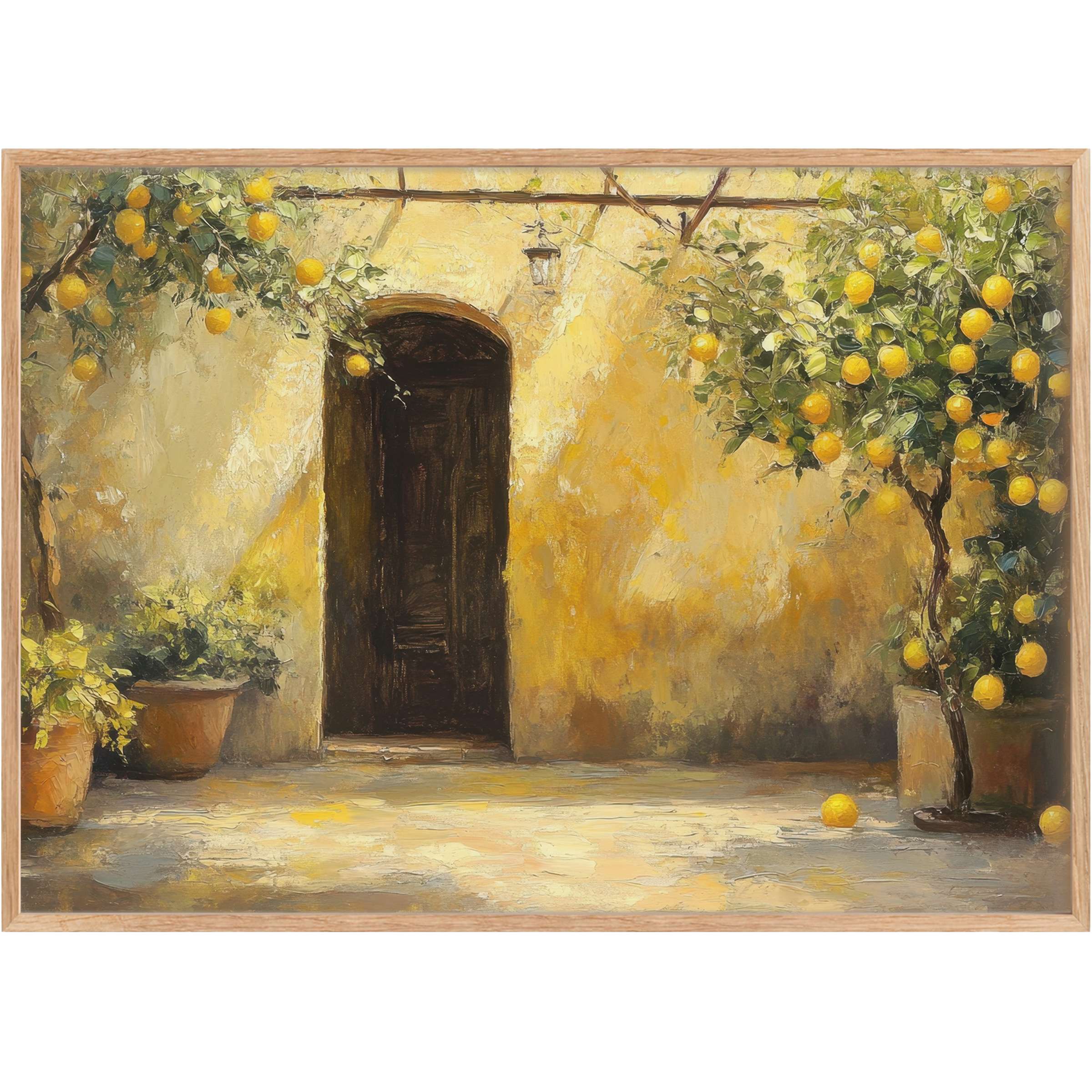 Golden-hued courtyard with lush lemon trees, evoking a radiant and serene mood in tree printable wall art