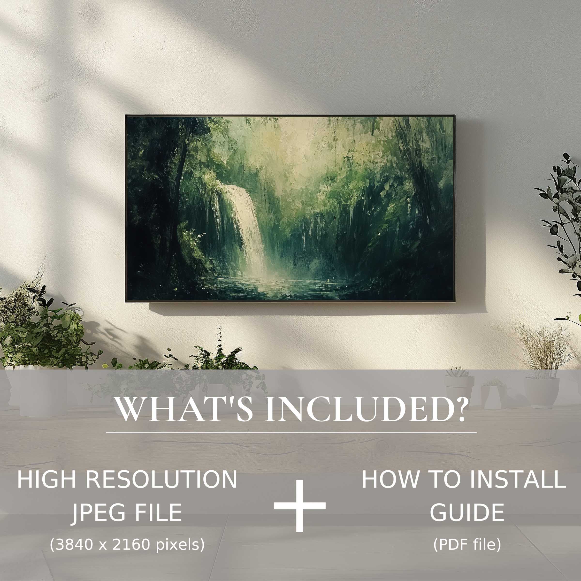 Elegant summer digital TV art download of a serene waterfall scene, enhancing living spaces with easy digital use