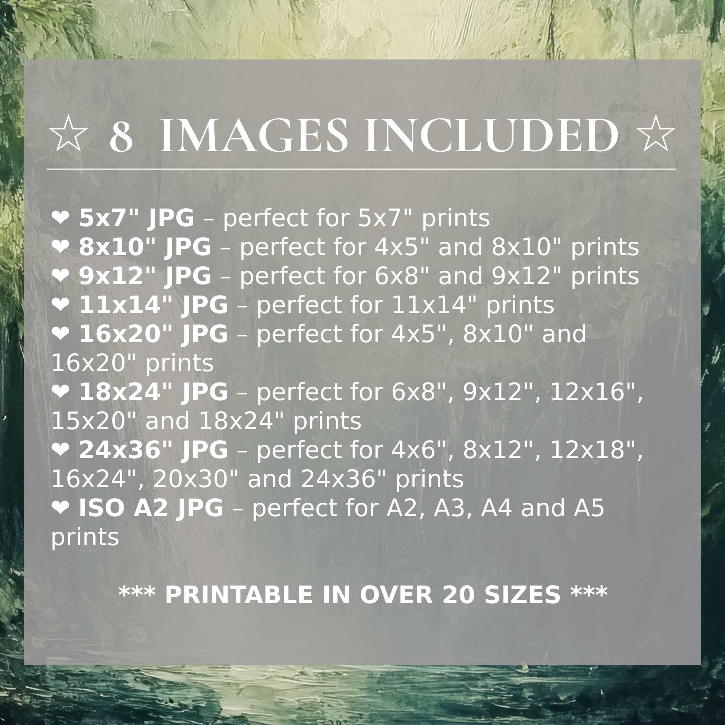 Radiant summer digital print in soothing green and cream tones, elevating modern interiors with style and flexibility, includes 8 high-quality sizes