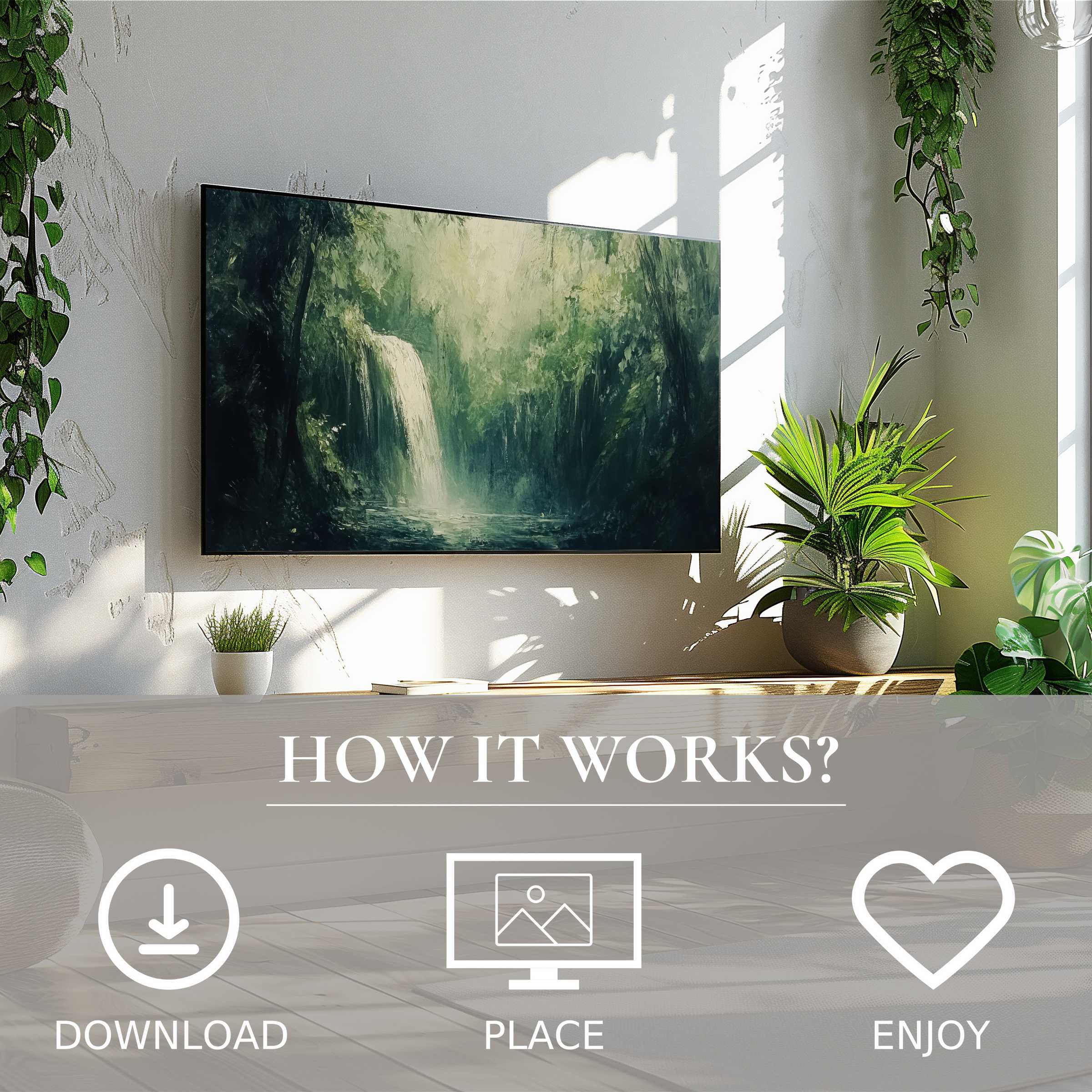 Summer art for Samsung TV shows soft waterfall tones, easy digital download enriches modern greenery-filled space