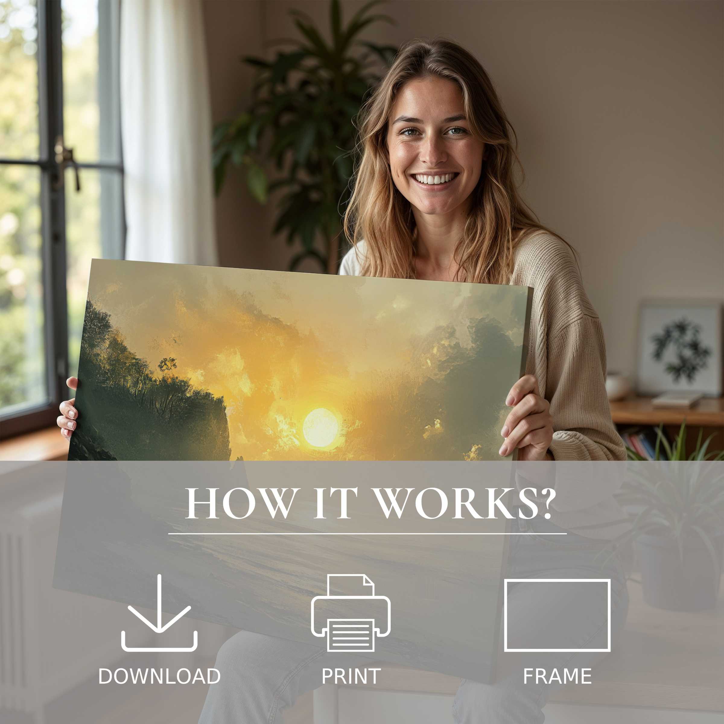 Coastal digital art print radiates serene warmth, elevating modern interiors with effortless beauty and heartfelt connection