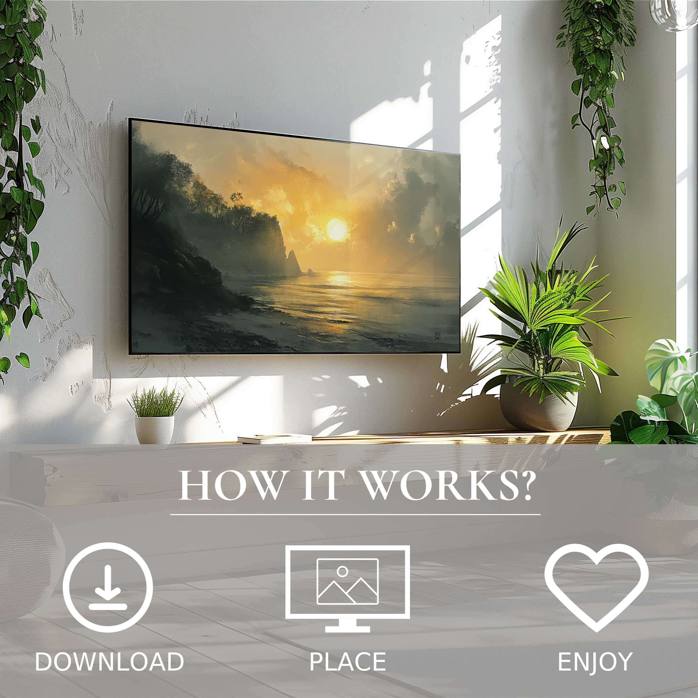 Coastal art for Samsung TV with soft sunset tones, easy digital download enriching modern living spaces