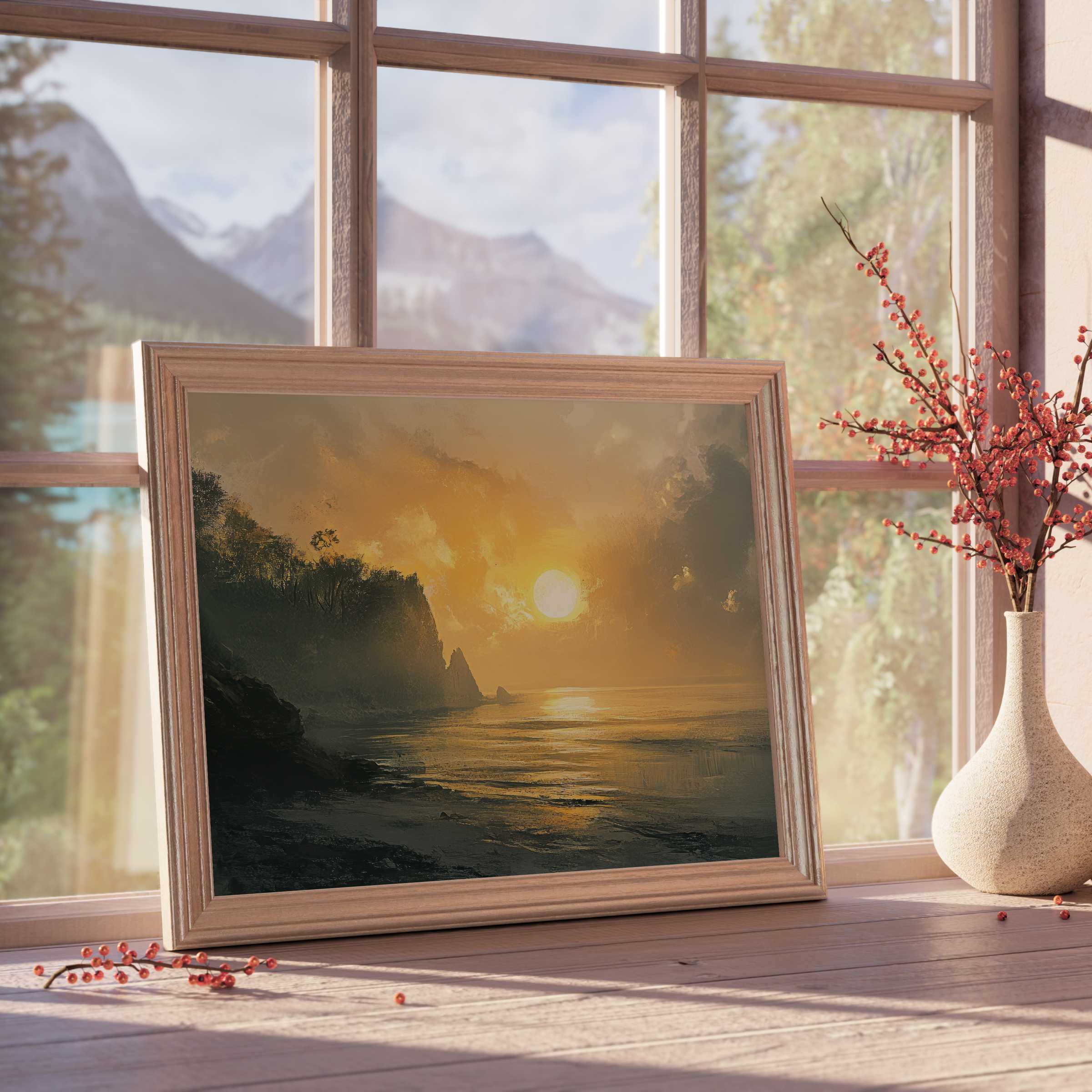 Coastal downloadable art capturing a golden sunset over misty cliffs, elevating tranquil, curated interiors with serene warmth