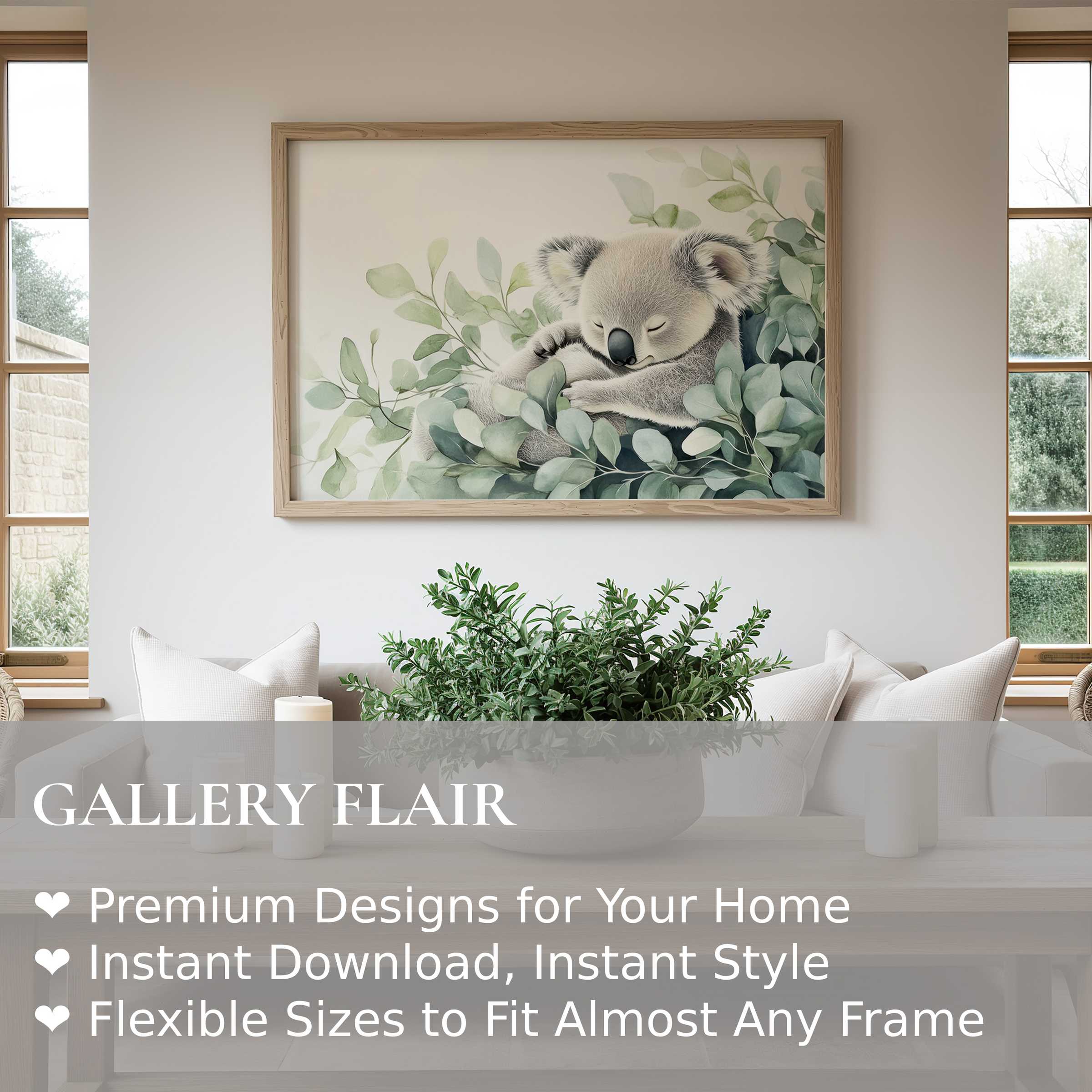 Serene nursery wall art print of a sleeping koala amidst eucalyptus leaves, enhancing tranquil, modern nursery decor