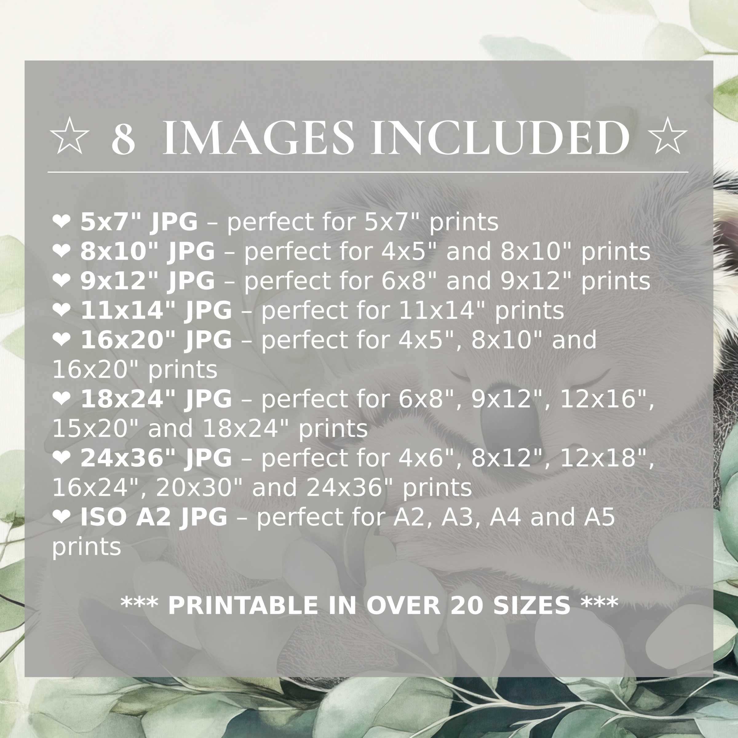 Nursery digital print in calming green hues with soft animal details, includes 8 high-quality sizes for versatile, modern interiors