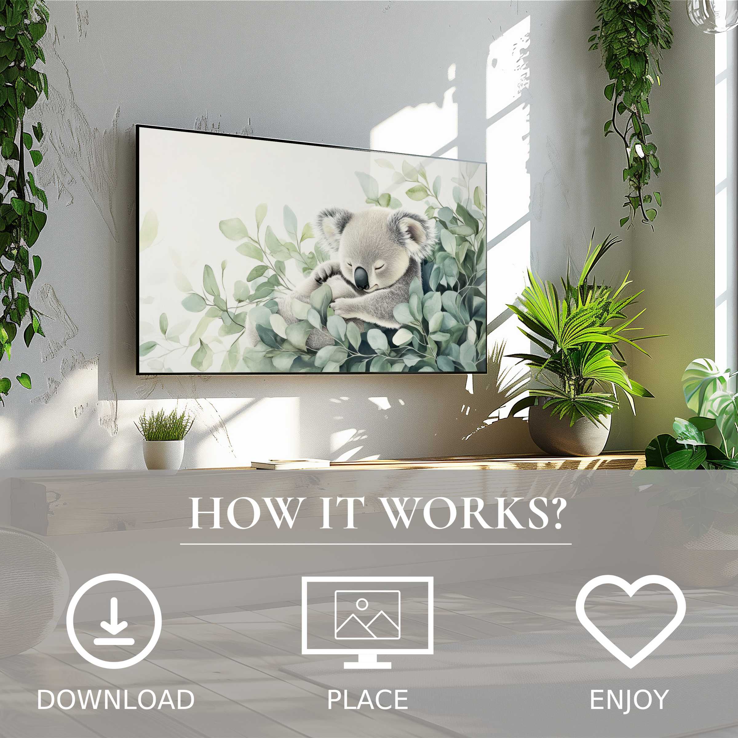 Nursery art for Samsung TV shows a sleeping koala in soft green hues, easy digital download enriches your space