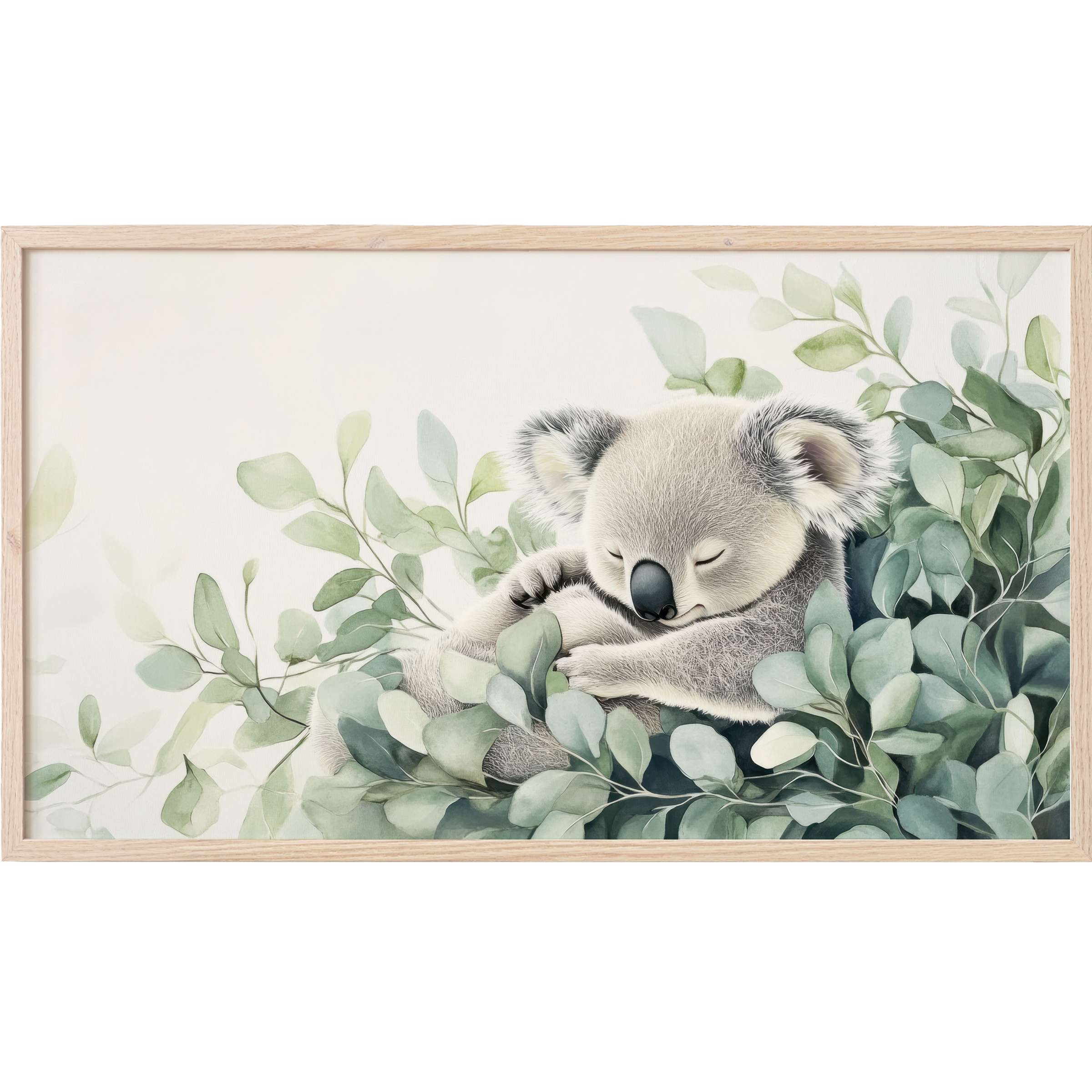 Nursery Frame TV Art of a serene koala embraced by soft green foliage in muted pastels, elegant and calming