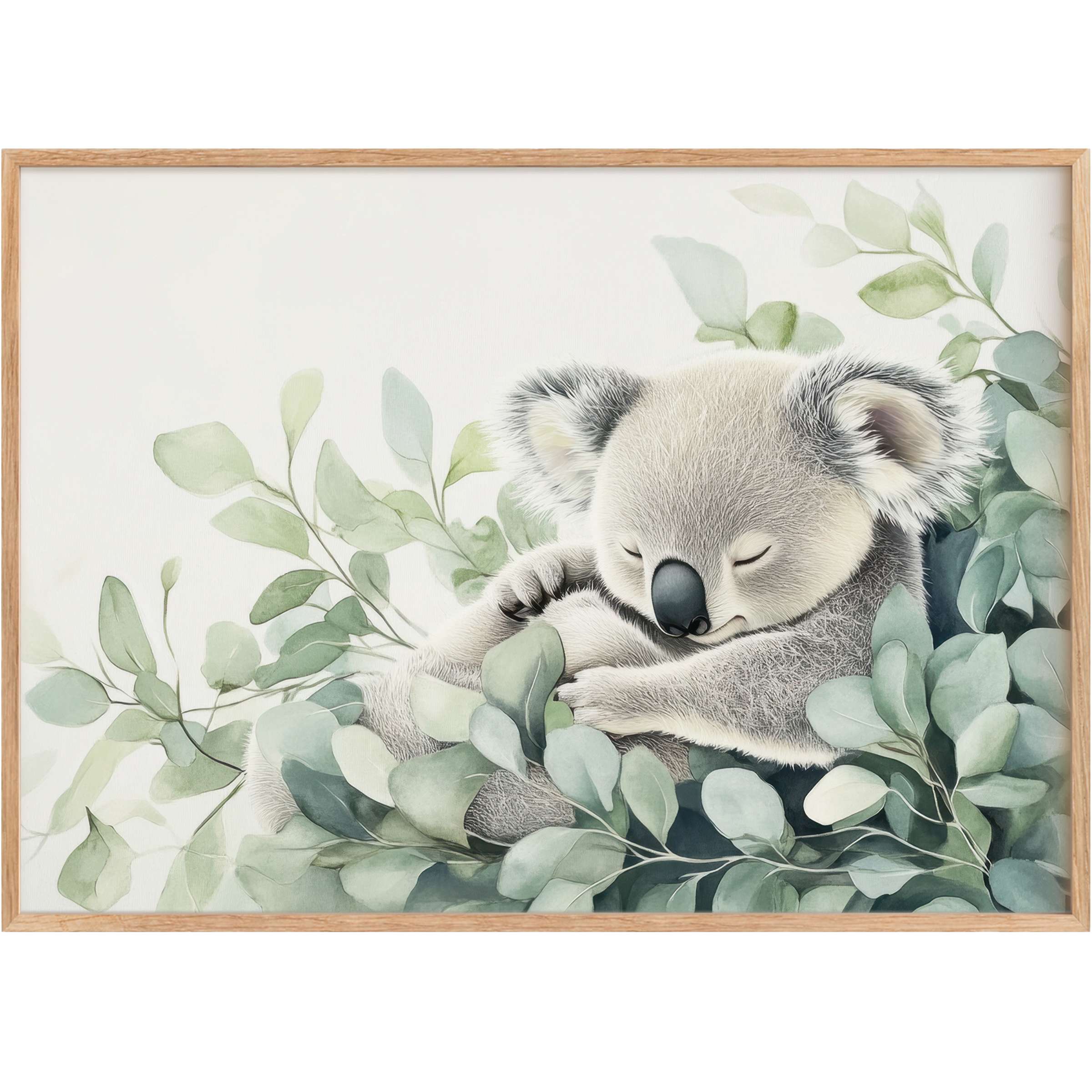 Serene nursery printable wall art captures a peacefully sleeping koala amidst soft eucalyptus greens, evoking gentle, calming comfort