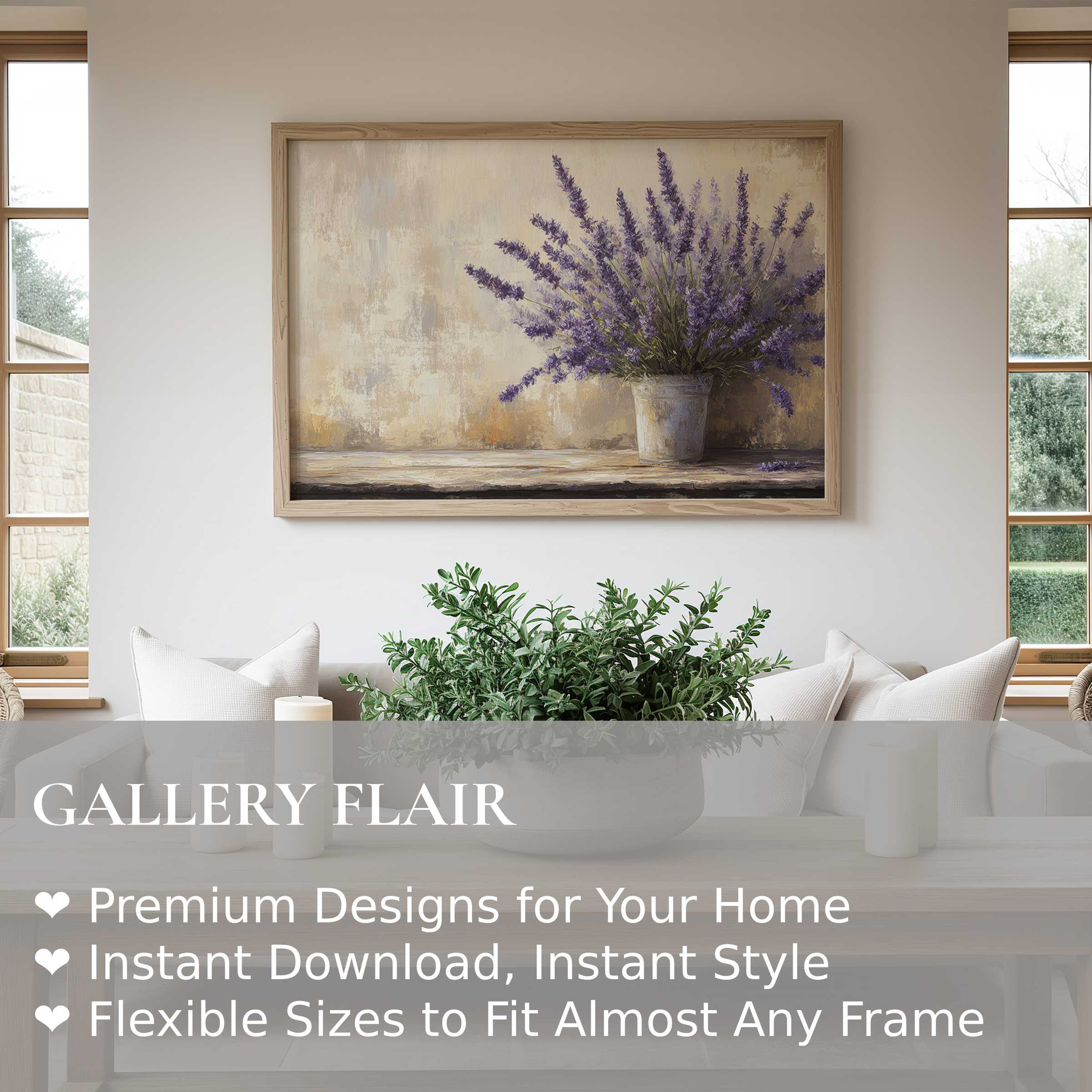 Farmhouse wall art print with calming lavender bouquet in rustic vase, enhancing serene, modern farmhouse interiors with natural elegance