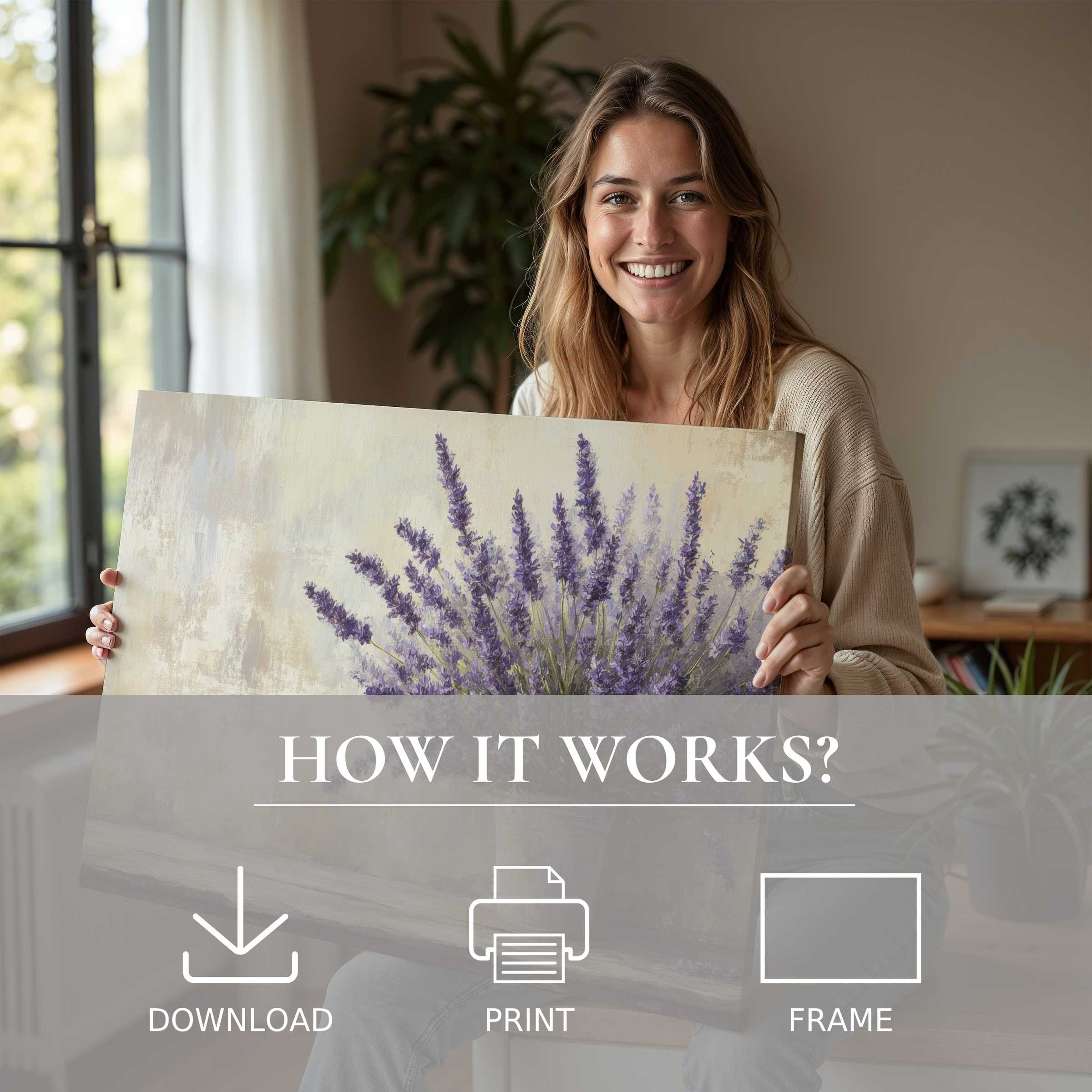 Radiant farmhouse digital art print capturing serene lavender hues, inviting soulful connection and effortless elegance in modern living