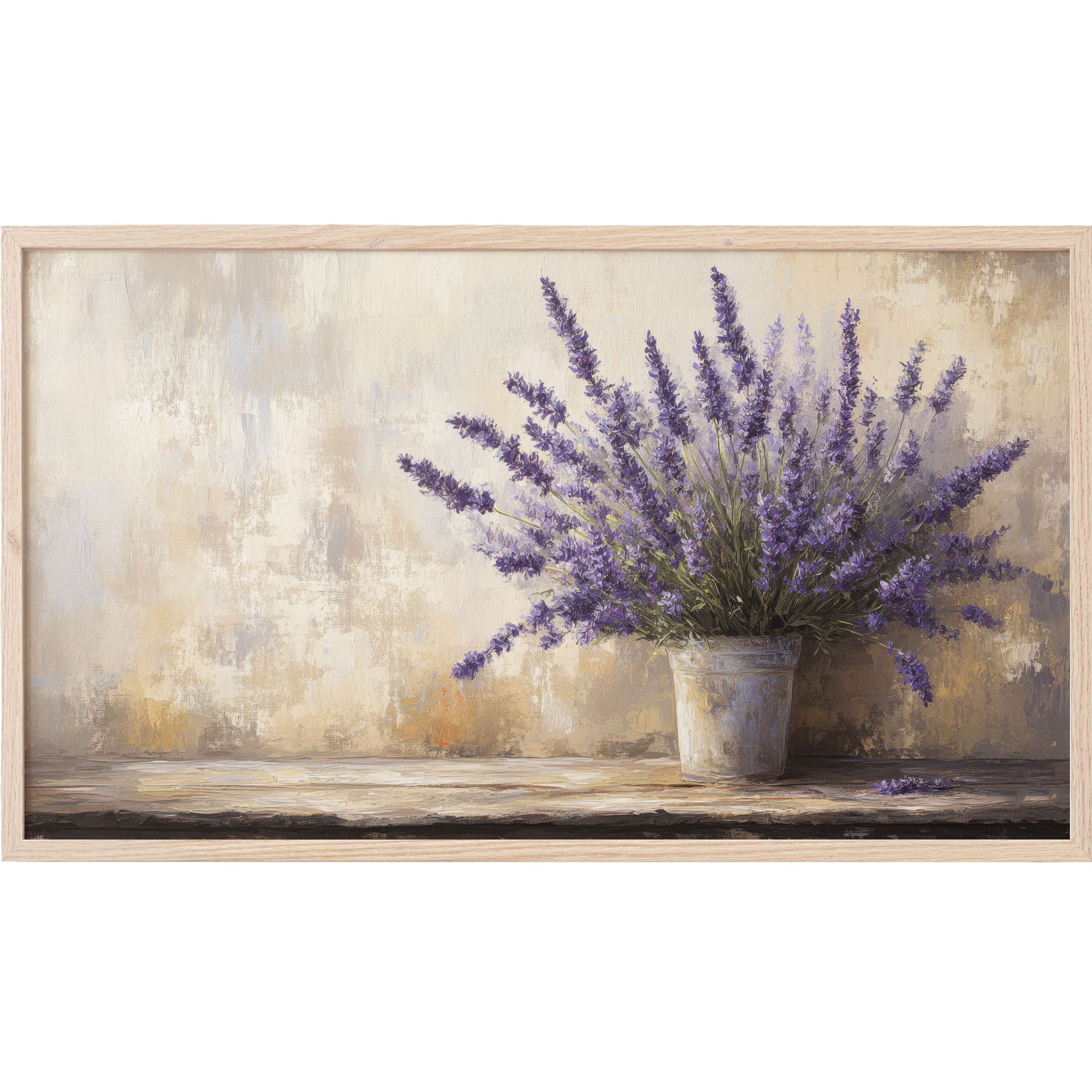 Farmhouse Frame TV Art depicting lavender blooms in a rustic pot with soft neutrals and textured brushstrokes