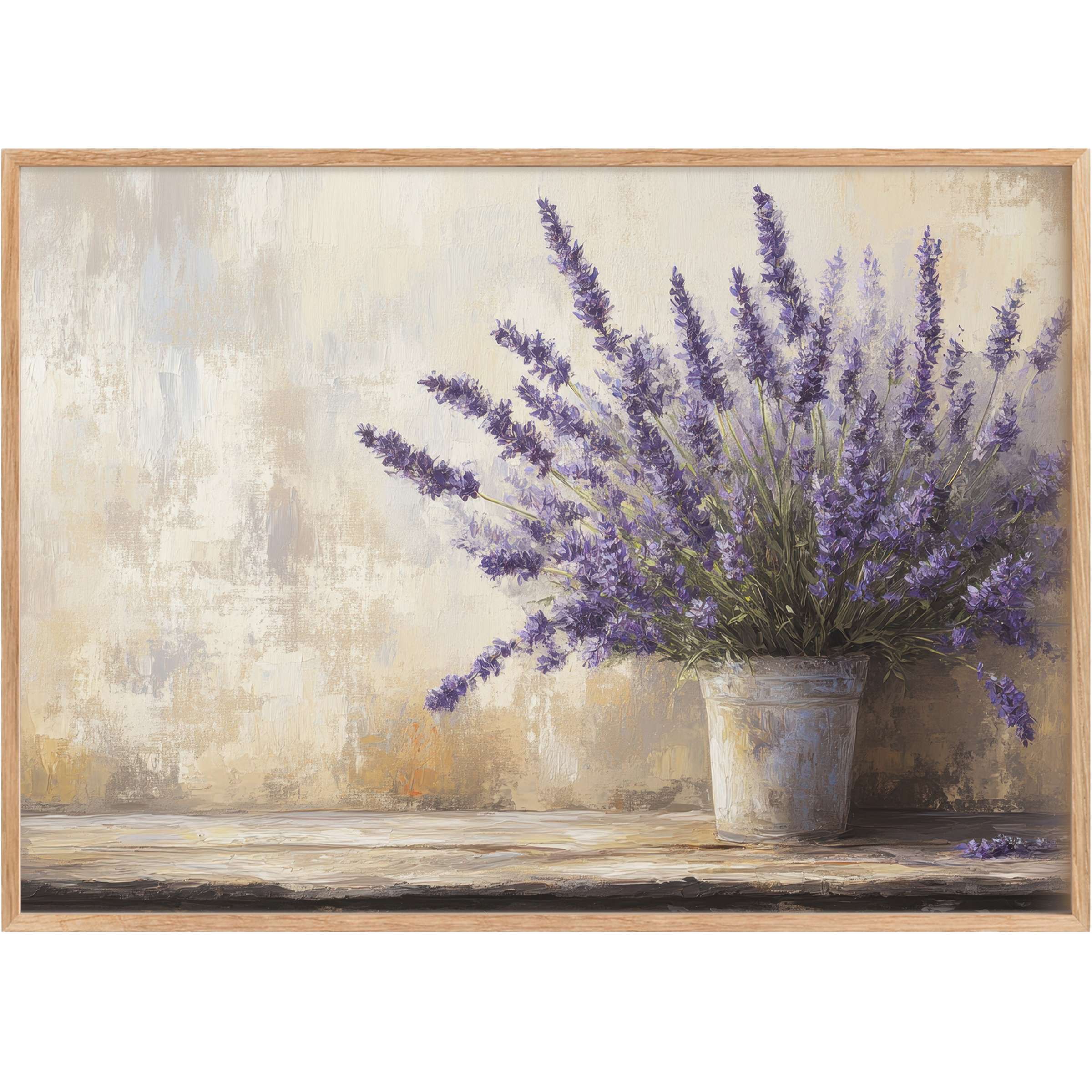 Lavender bouquet in rustic vase embodies serene charm with soft lilac and warm neutral tones, a farmhouse printable wall art elevating cozy spaces
