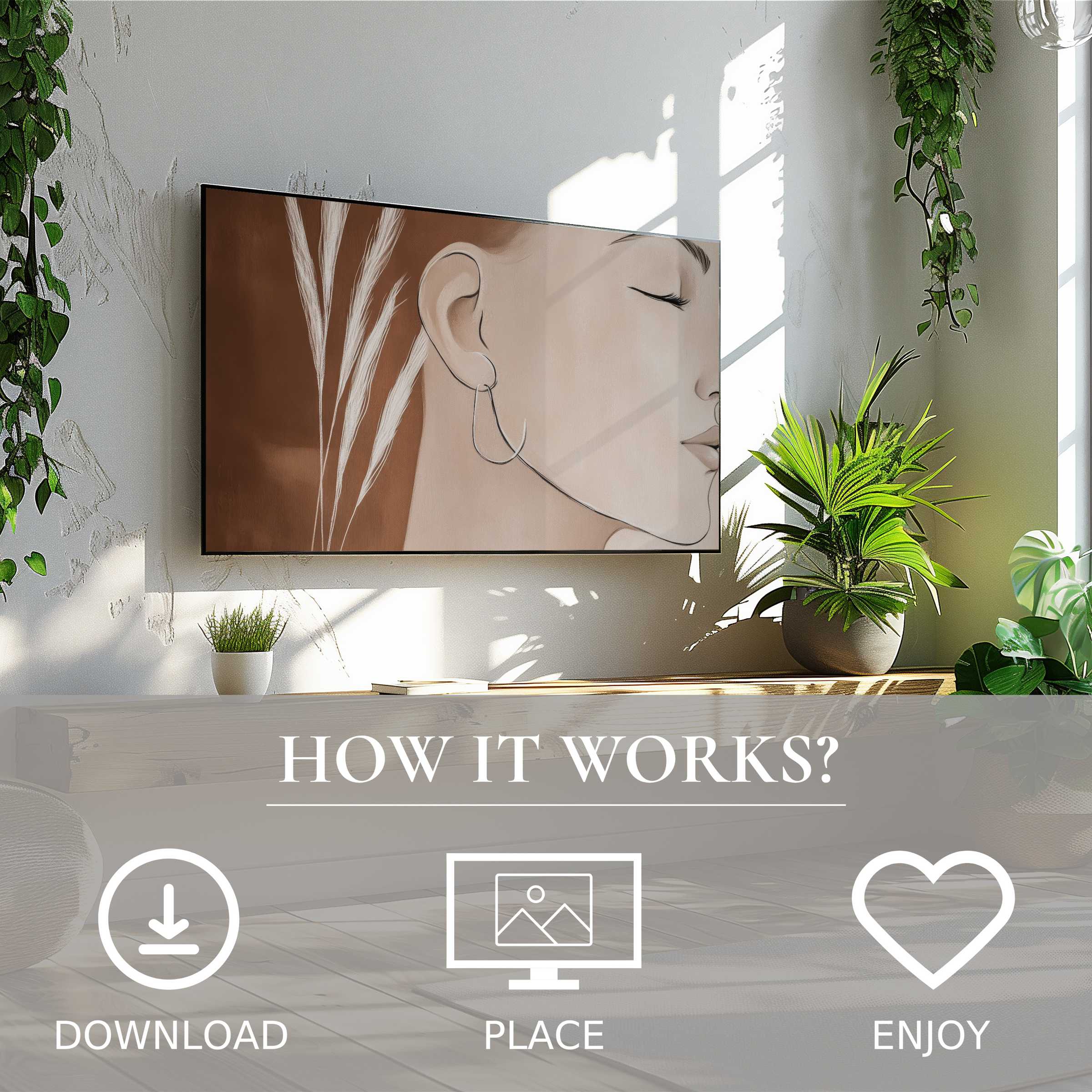 Minimalist art for Samsung TV with soft earthy tones, easy digital download enriching modern living spaces