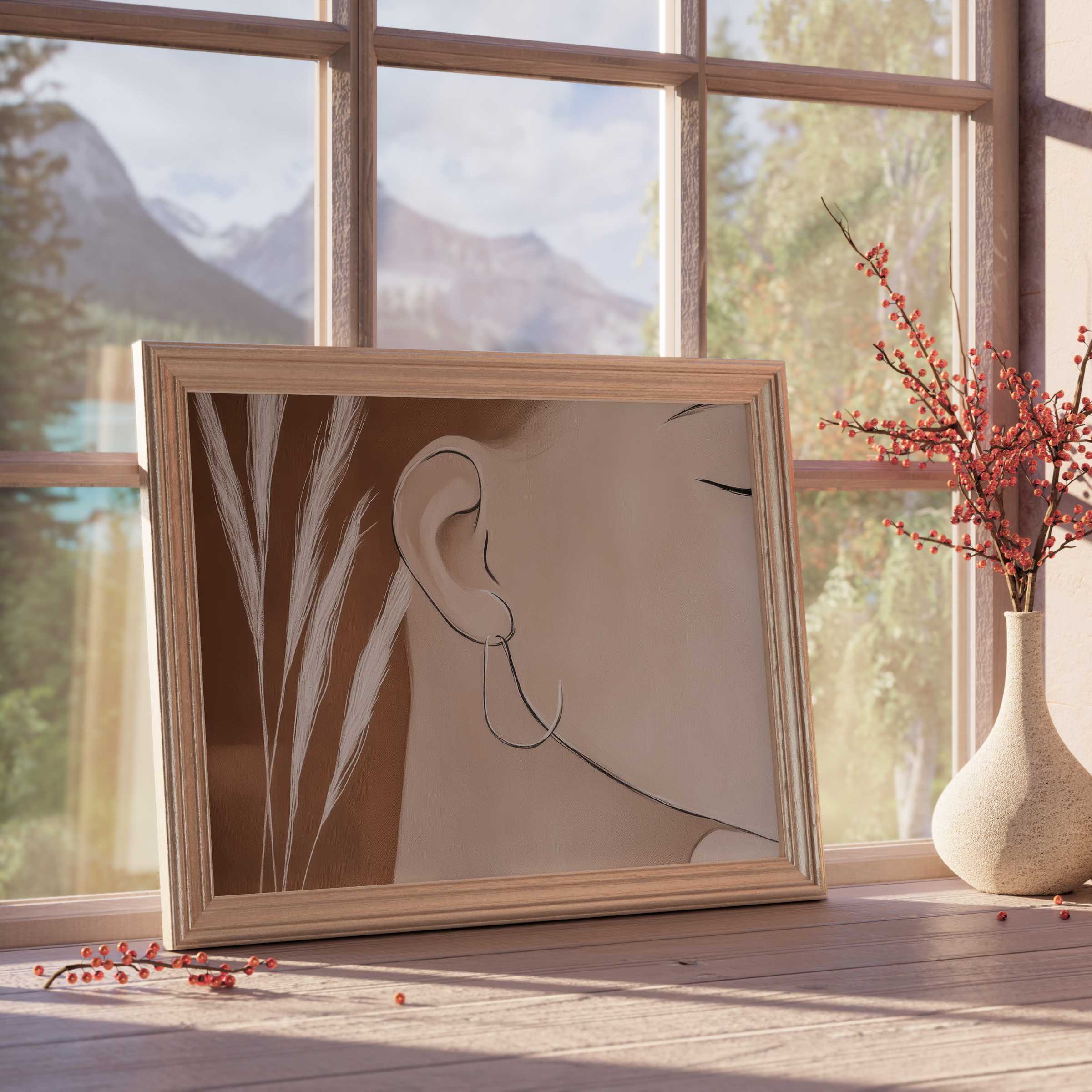 Minimalist downloadable art depicting serene feminine profile and pampas grass, radiating warm calm for curated modern interiors