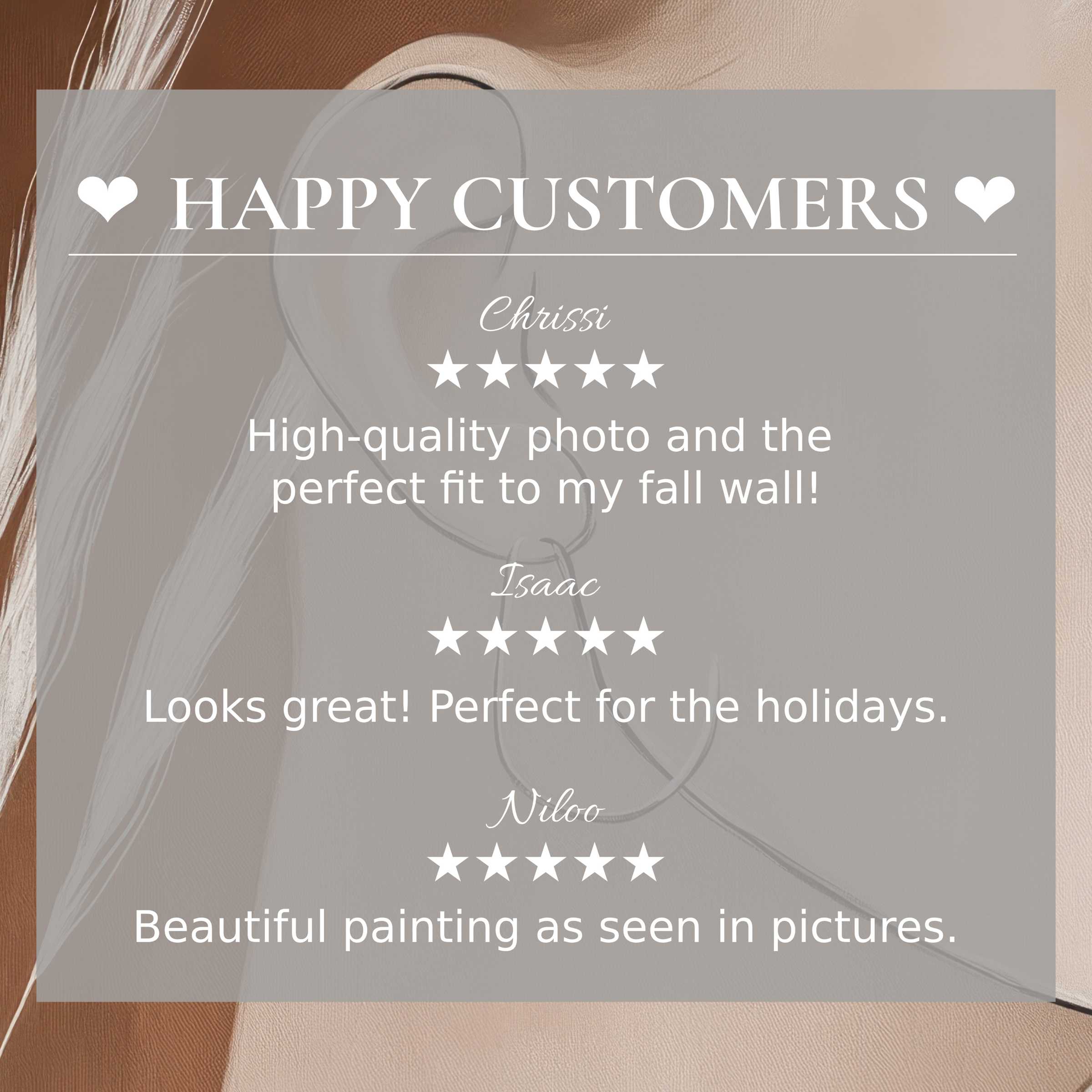 Minimalist art for Frame TV with abstract warm tones; happy customer reviews enhance trust and elegant style appeal