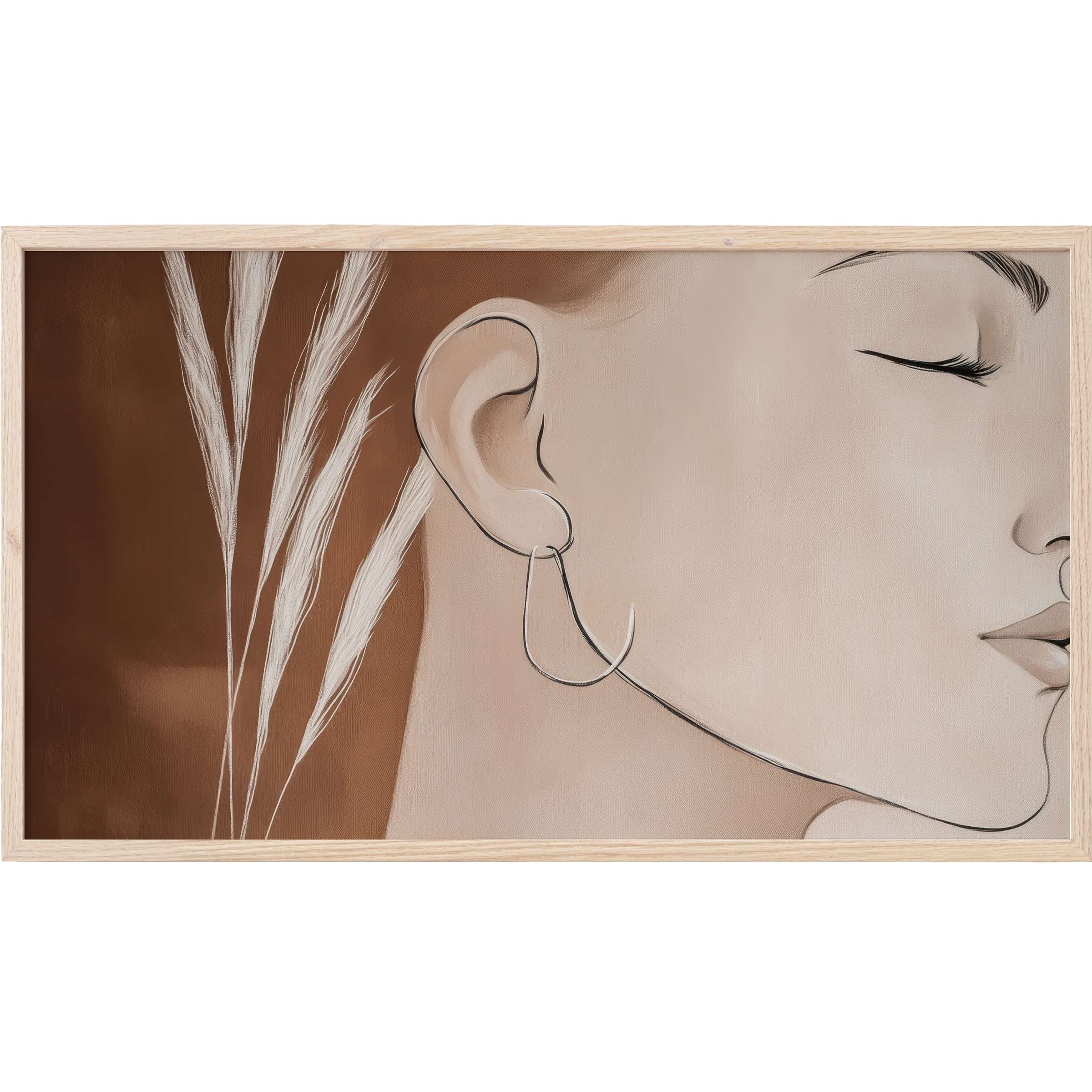 Minimalist Frame TV Art showing a serene female profile in warm beige and brown tones with delicate botanical accents