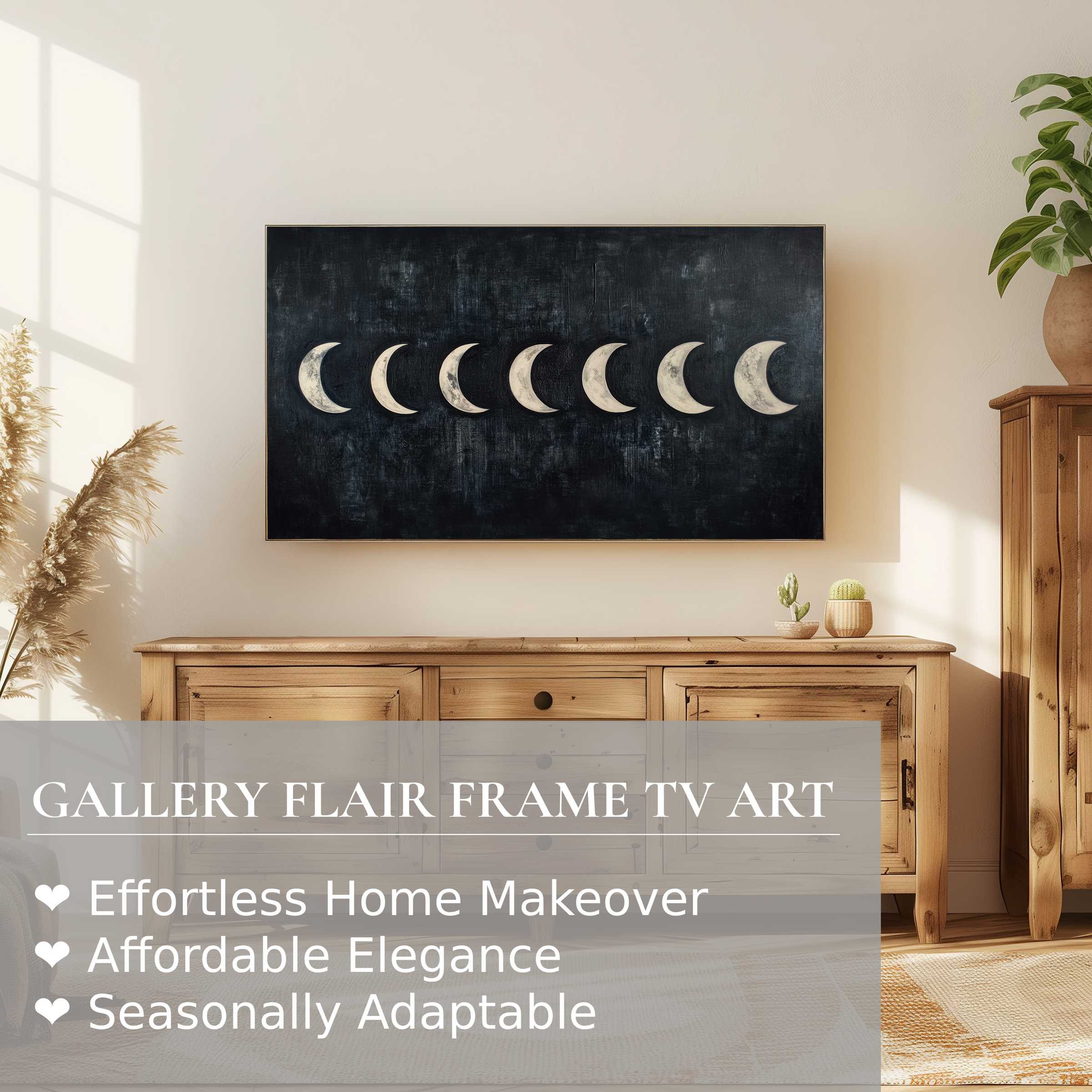 Samsung Frame TV displaying modern digital artwork of lunar phases in a chic, natural wood living space