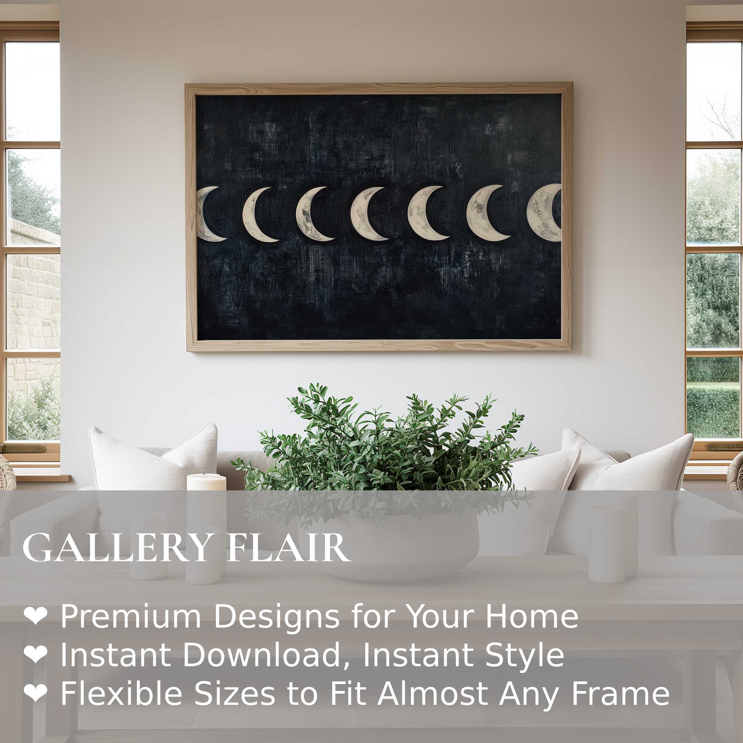 Modern wall art print featuring a serene moon phase sequence in neutral tones, enhancing minimalist, nature-inspired interiors with calming, celestial elegance