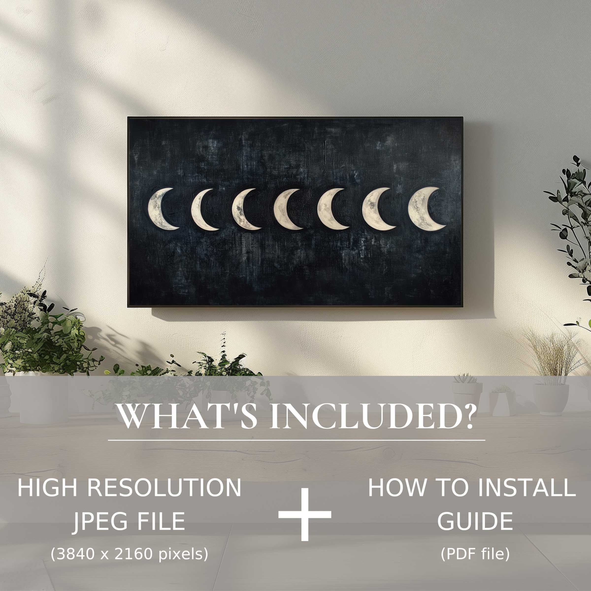 Elegant modern digital TV art download of moon phases enhances living space with easy digital use and style