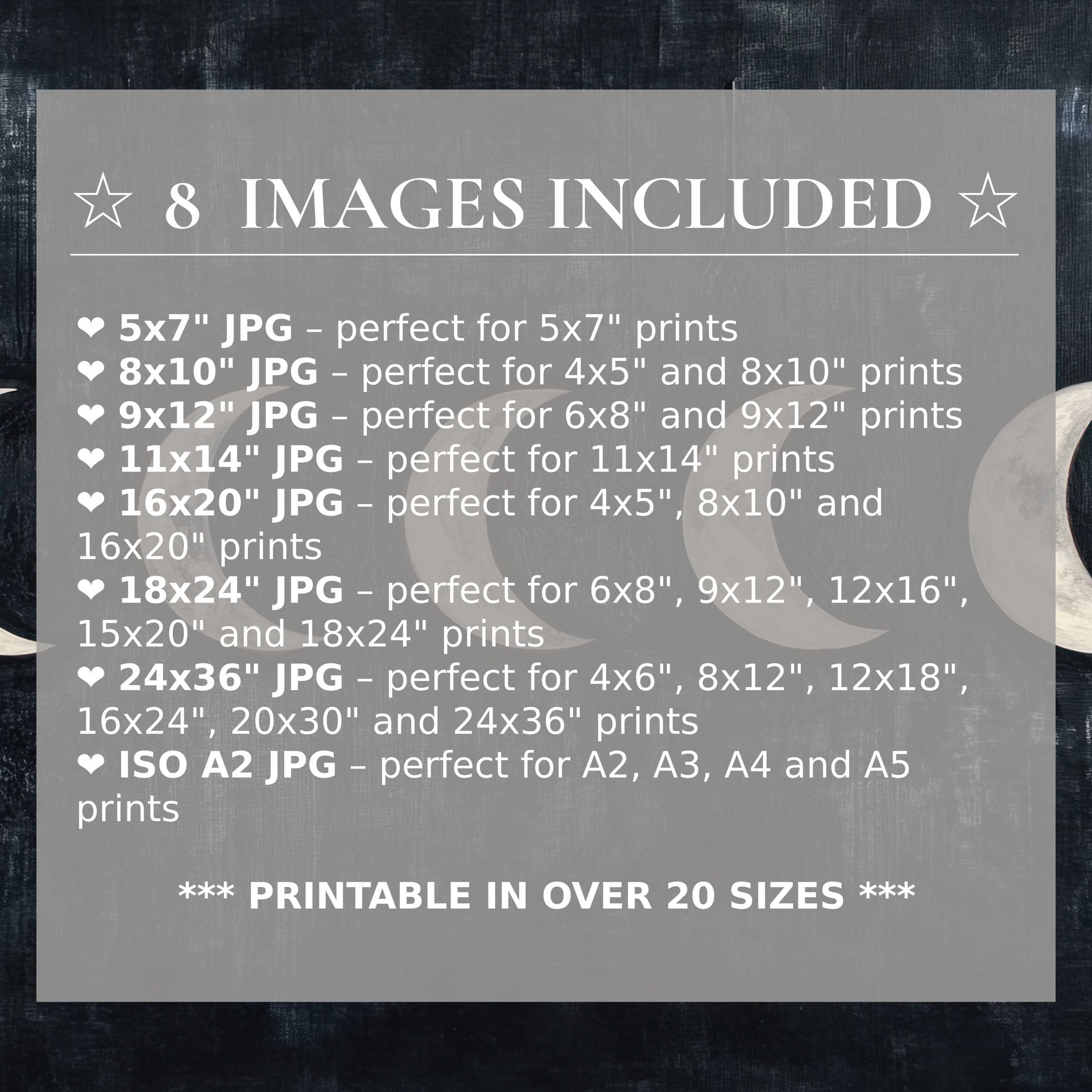 Modern digital print featuring radiant moon phases in soft grays and deep navy, included in 8 high-quality sizes to elevate stylish interiors with versatile elegance
