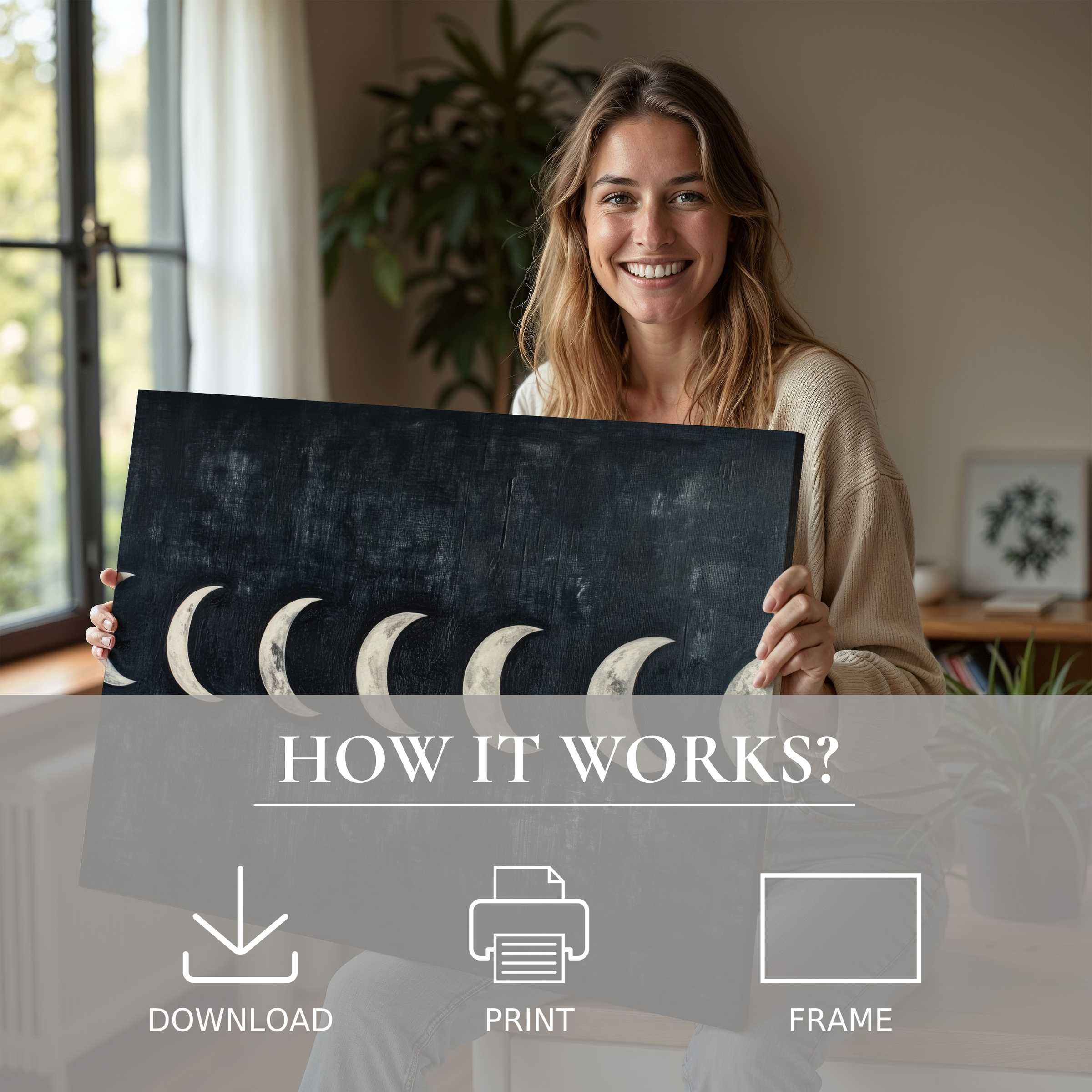 A joyful moment embracing a modern digital art print of moon phases, enriching a stylish home with serene elegance