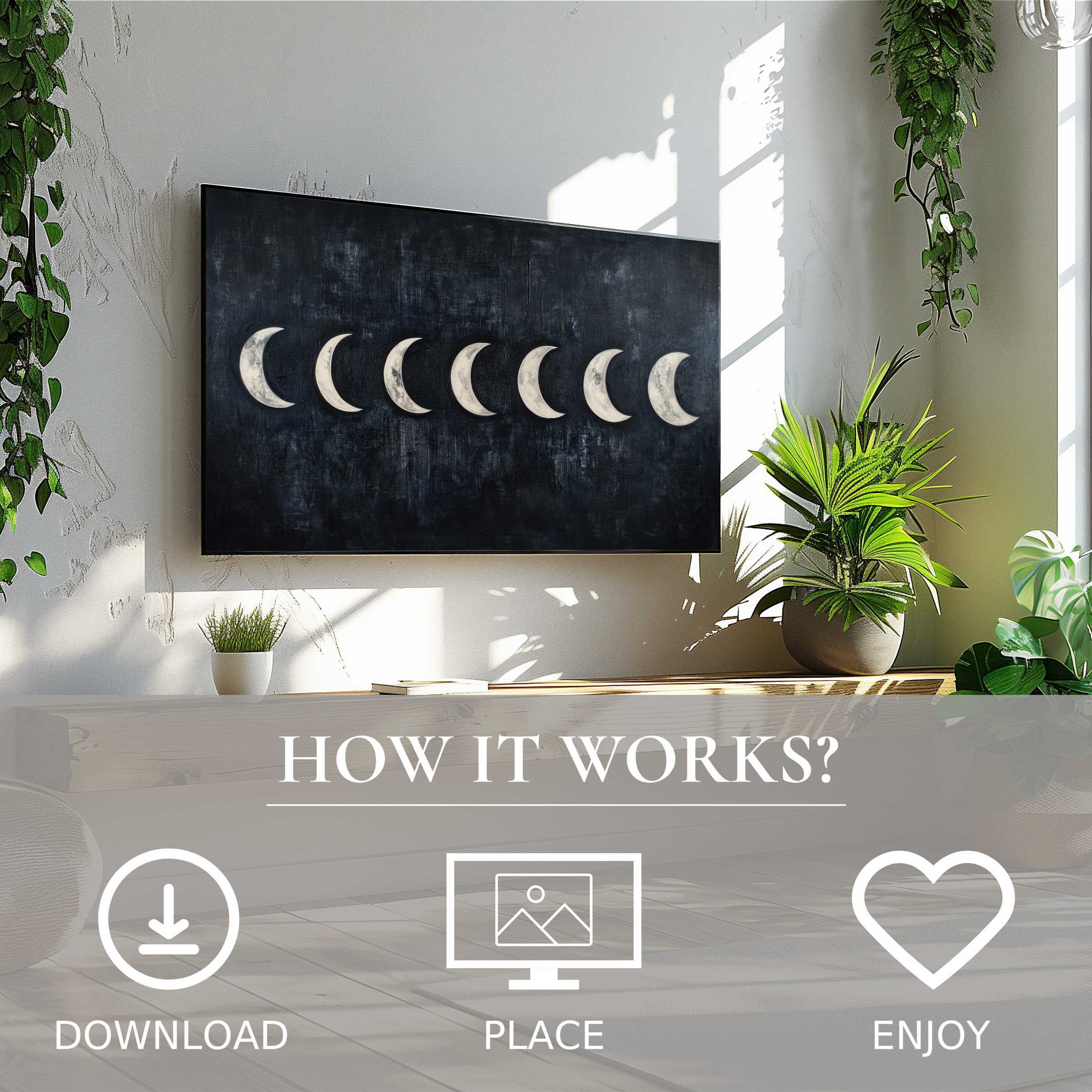 Modern art for Samsung TV shows moon phases motif in dark tones, easy digital download enriching bright living space decor