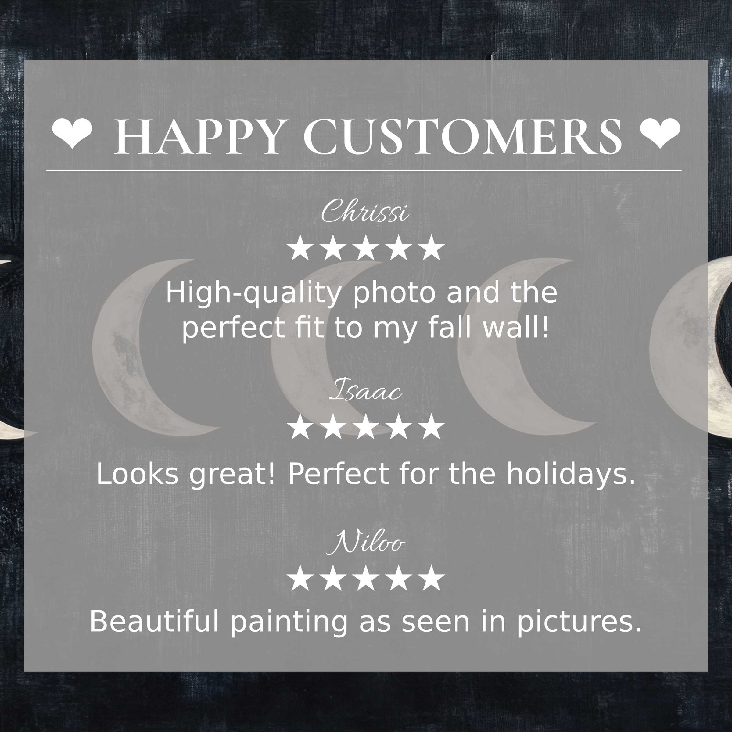 Modern art for Frame TV with abstract moon phases backdrop, showing a happy customer and trusted positive reviews