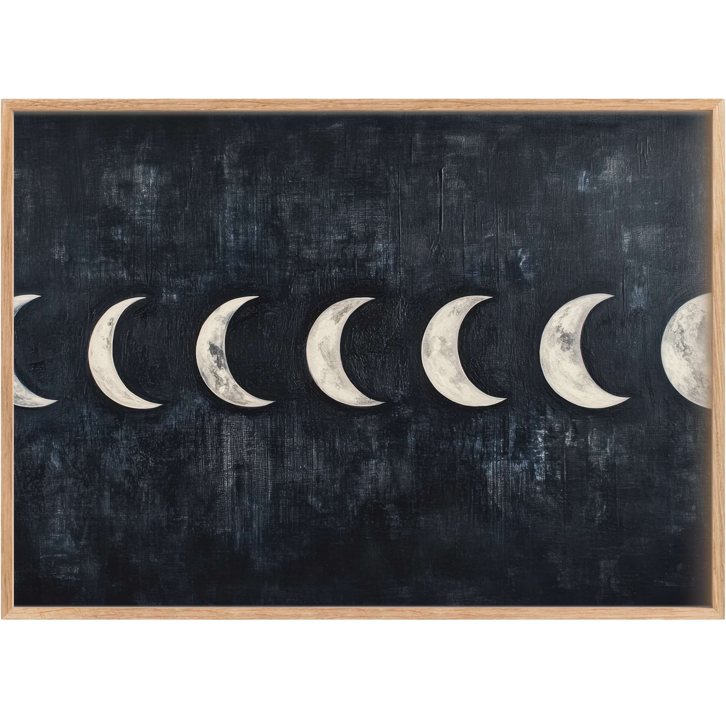 Modern printable wall art featuring a serene lunar phase sequence in soft whites against a deep, textured navy background, evoking calm elegance and celestial harmony