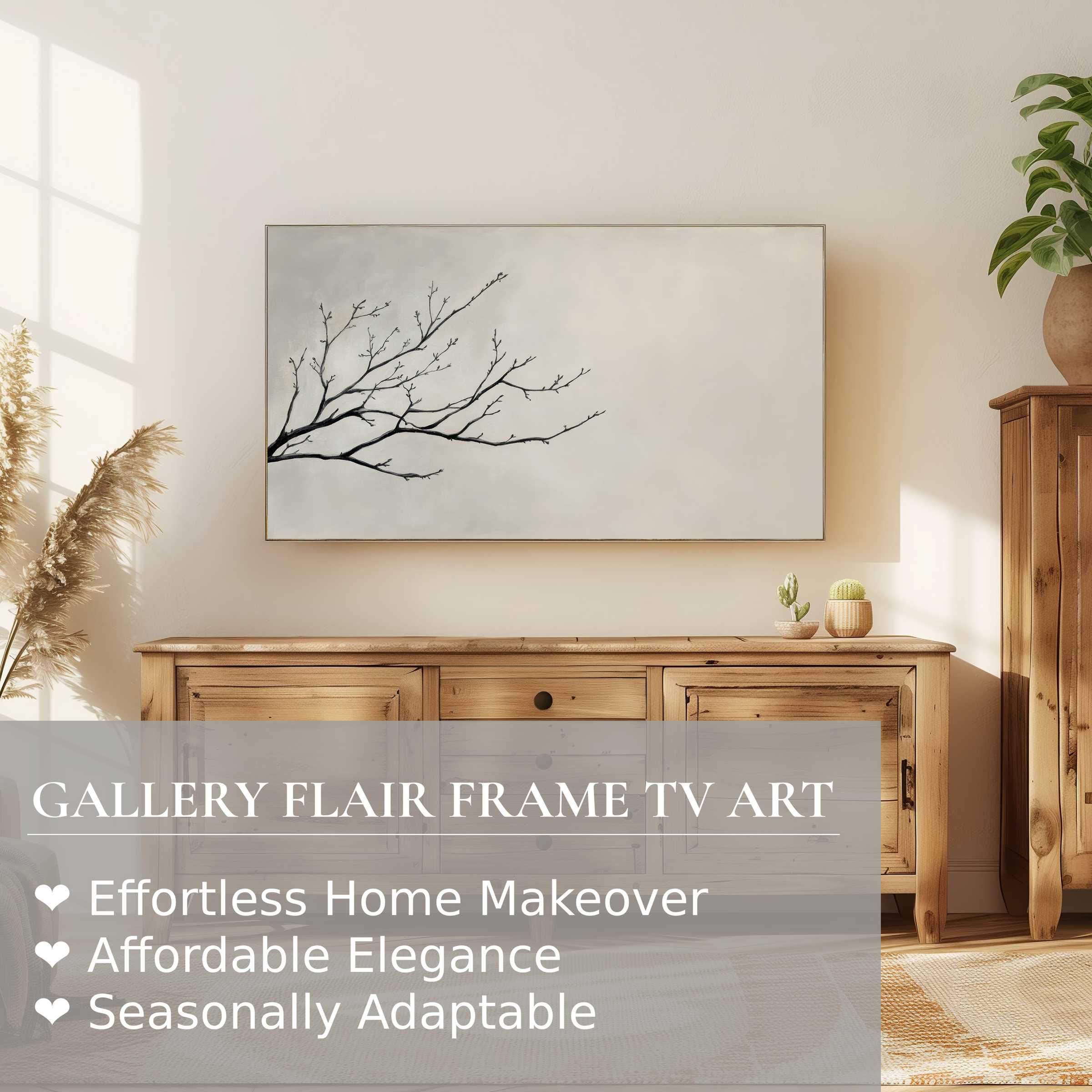 Samsung Frame TV displays neutral digital artwork of a delicate branch in a serene, modern natural setting