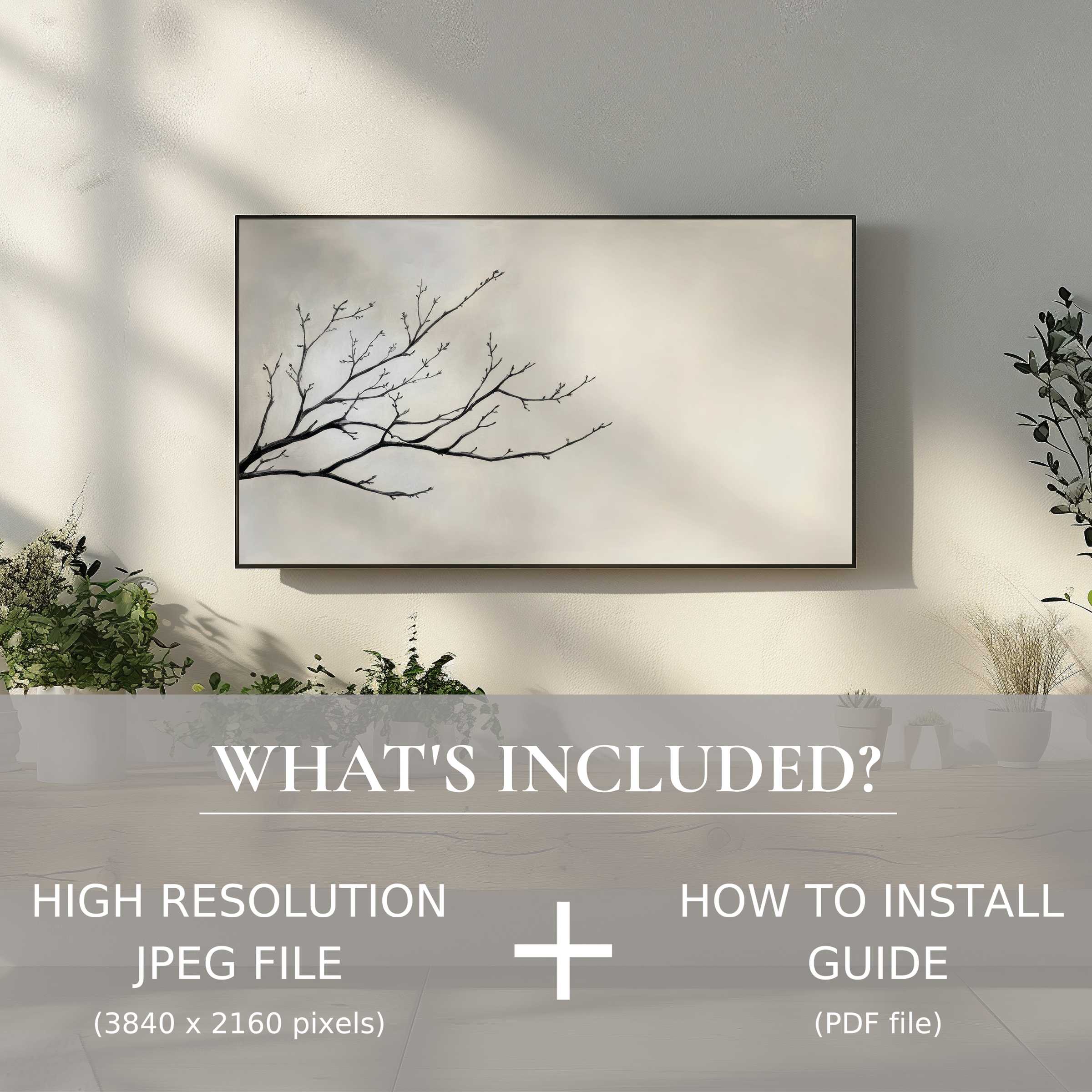 Neutral digital TV art download showcasing serene branches, effortlessly enhancing modern living spaces with easy digital use