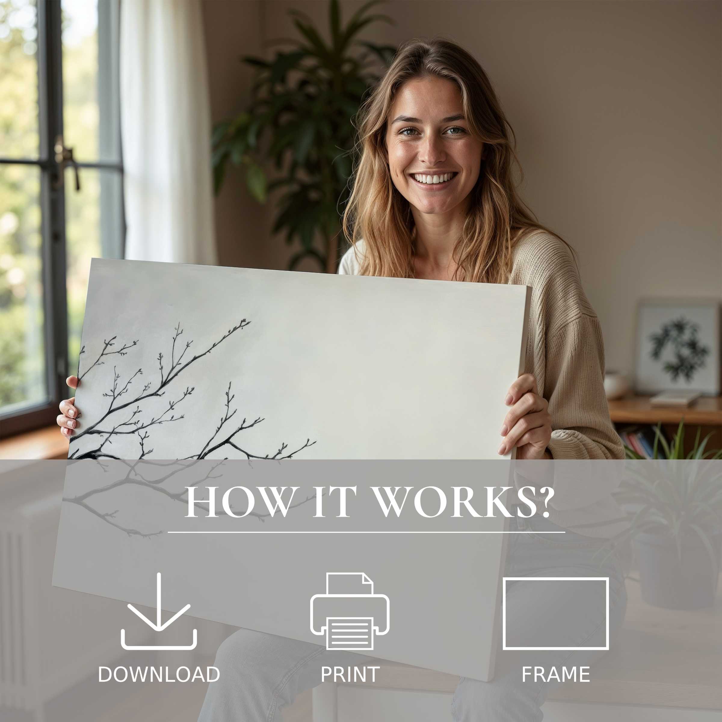 Refined woman embraces a serene neutral digital art print in a sunlit modern home, embodying joy and effortless elegance