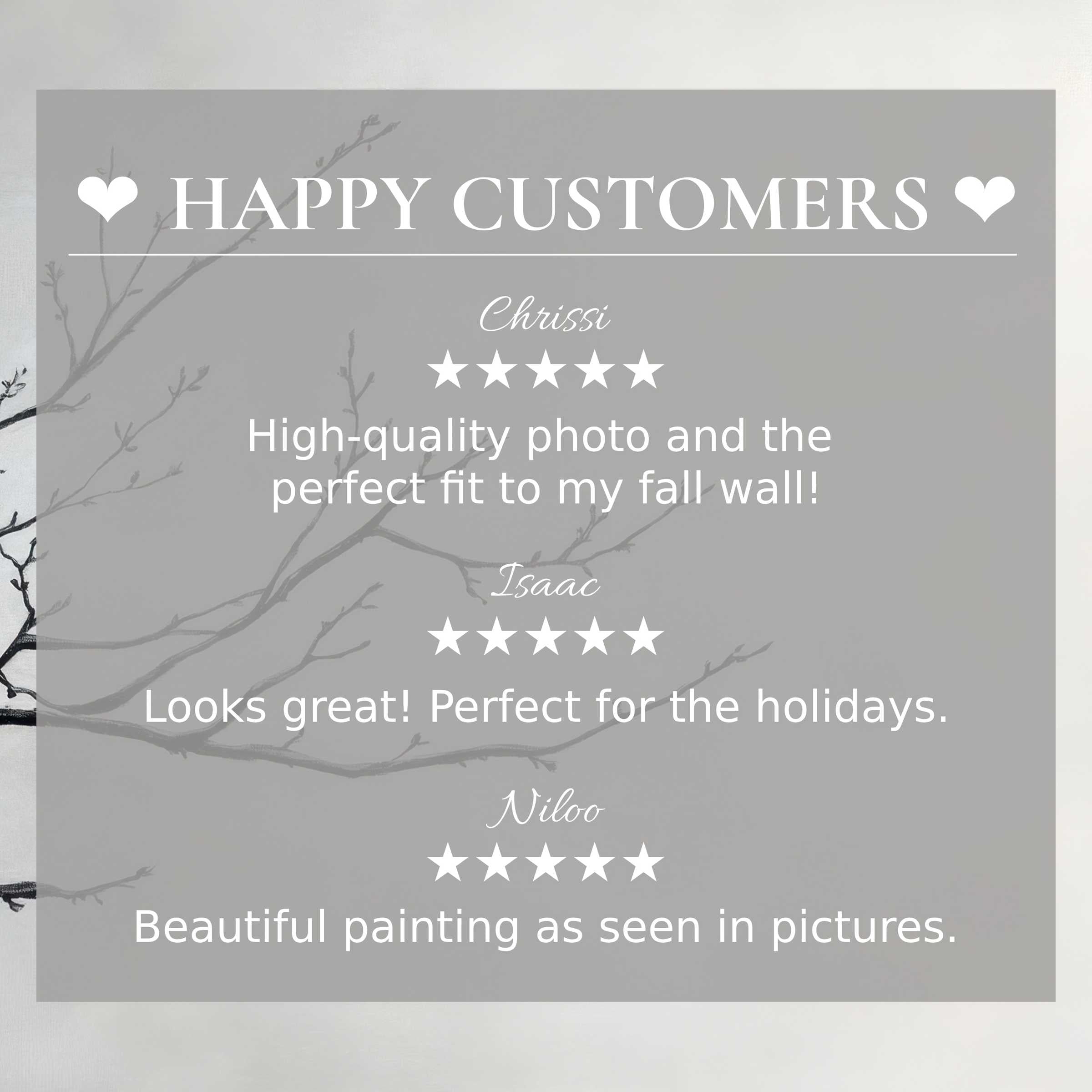 Neutral art for Frame TV with abstract muted branches, showcasing happy customer reviews and refined trust