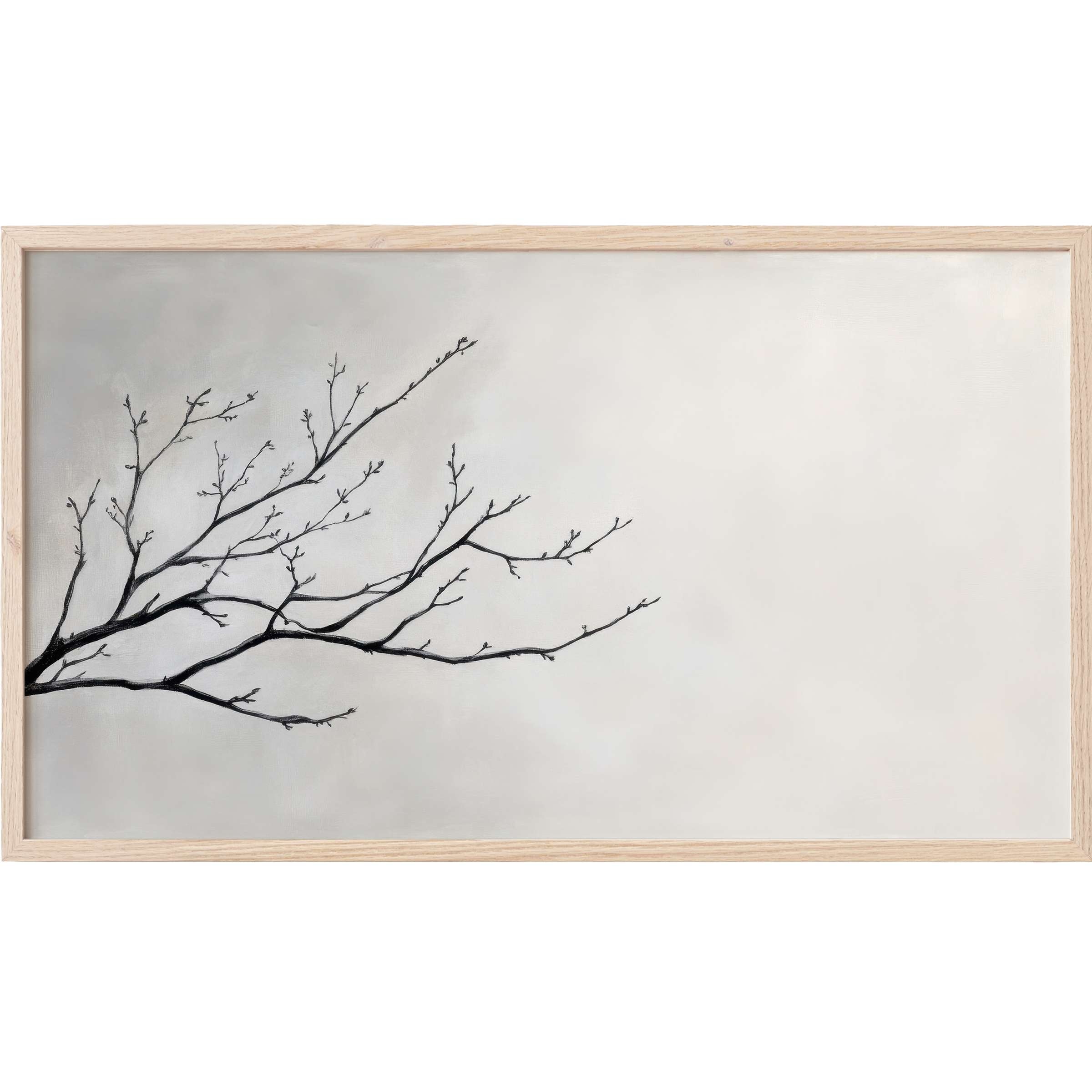 Minimalist silhouette of delicate black tree branches on soft gray-beige background, neutral Frame TV Art