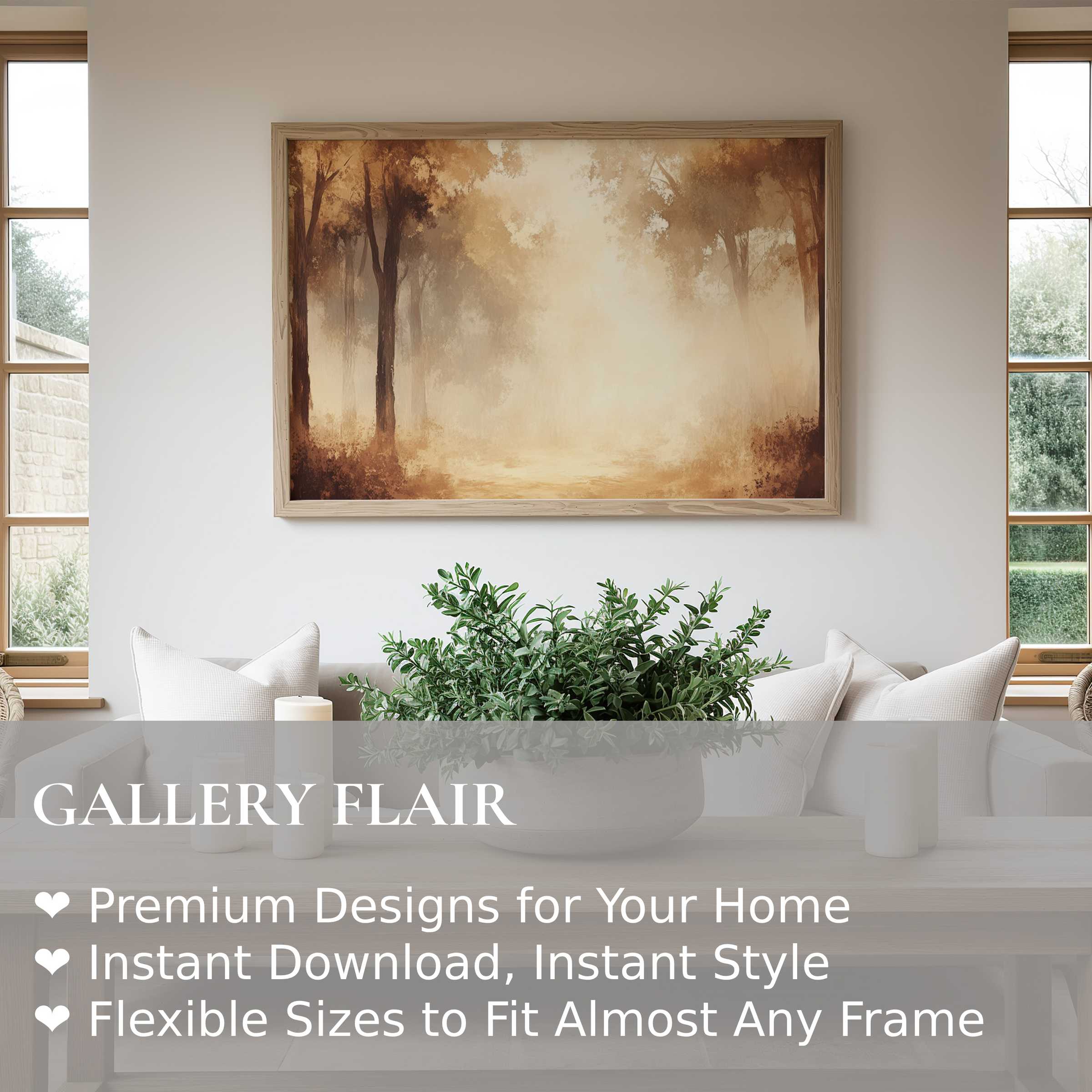 Vintage wall art print showcasing a serene autumn forest in warm sepia tones, enhancing modern farmhouse interiors with calming, radiant elegance