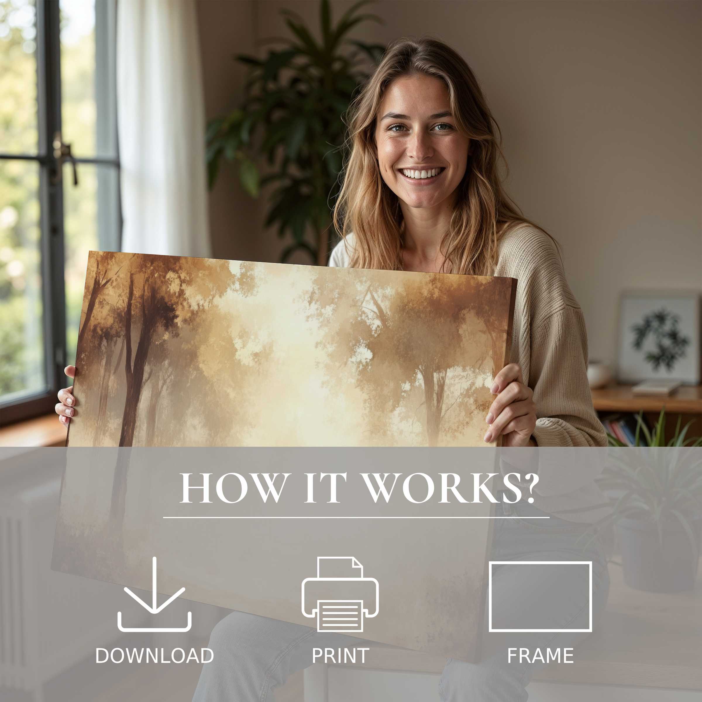 Woman in a modern home joyfully revealing a vintage digital art print in warm, earthy tones, celebrating art’s serene presence