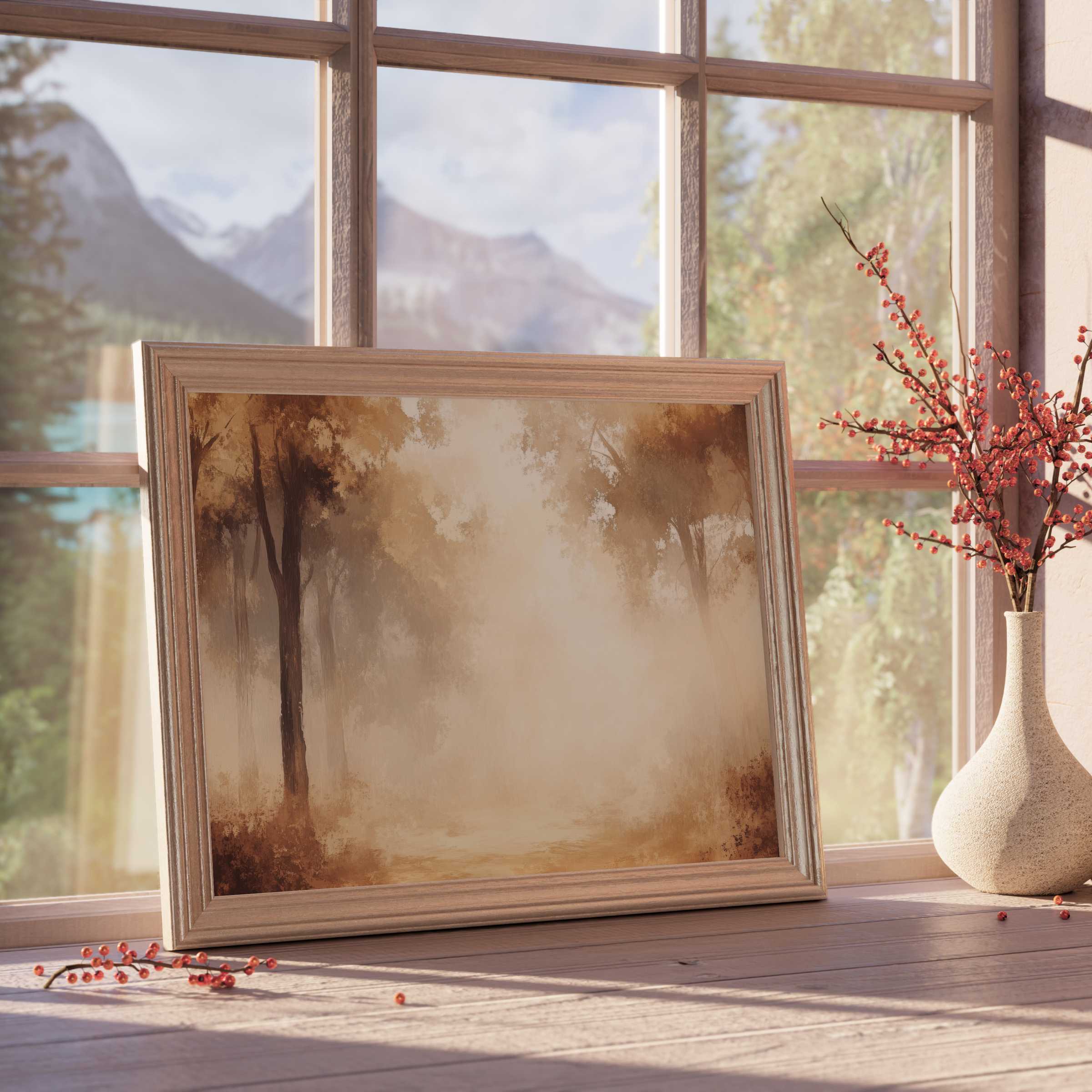 Vintage downloadable art captures a serene woodland mist, enhancing tranquil, curated spaces with warm, timeless elegance