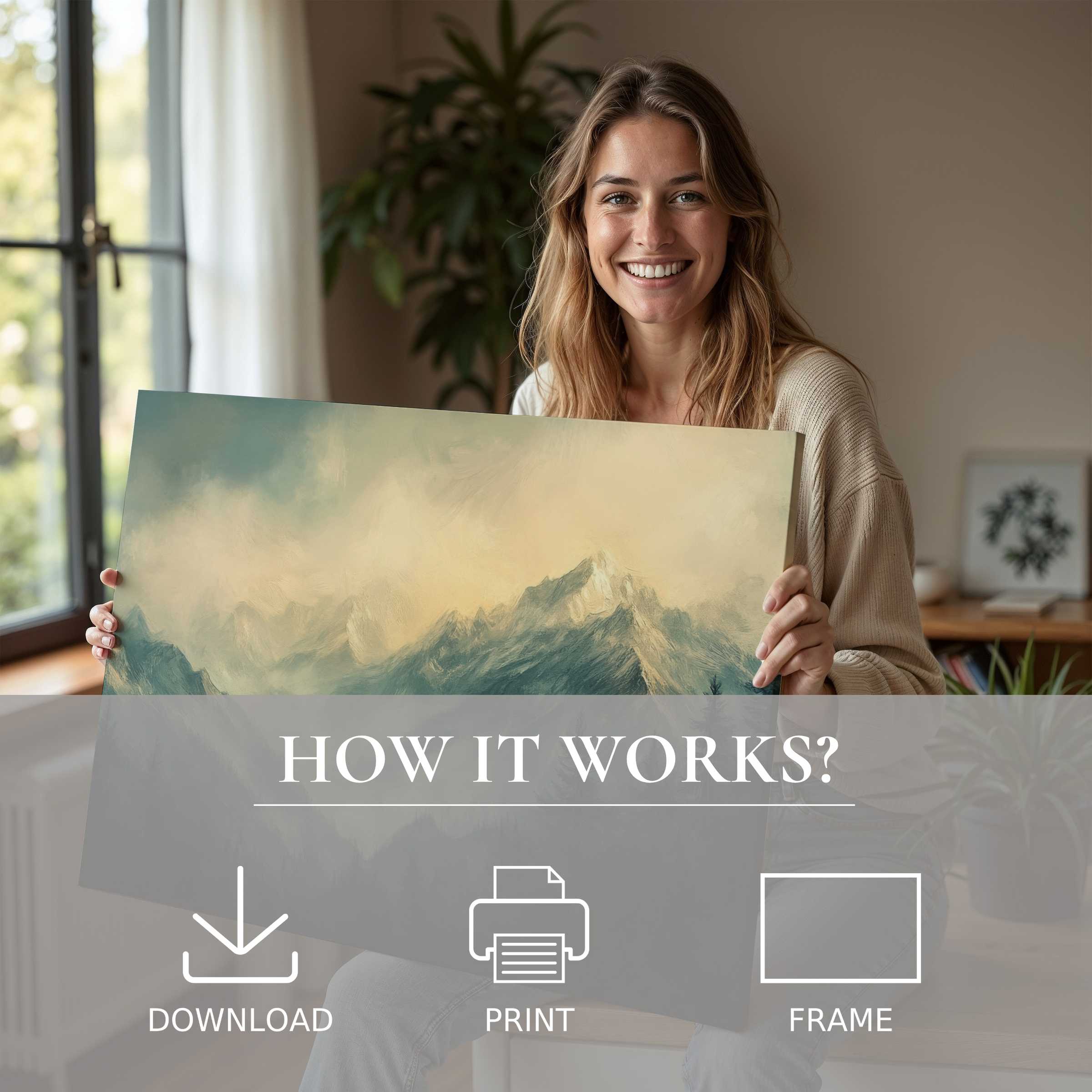 A joyful woman in a sleek modern home embraces a serene landscape digital art print, capturing nature’s calm and effortless elegance