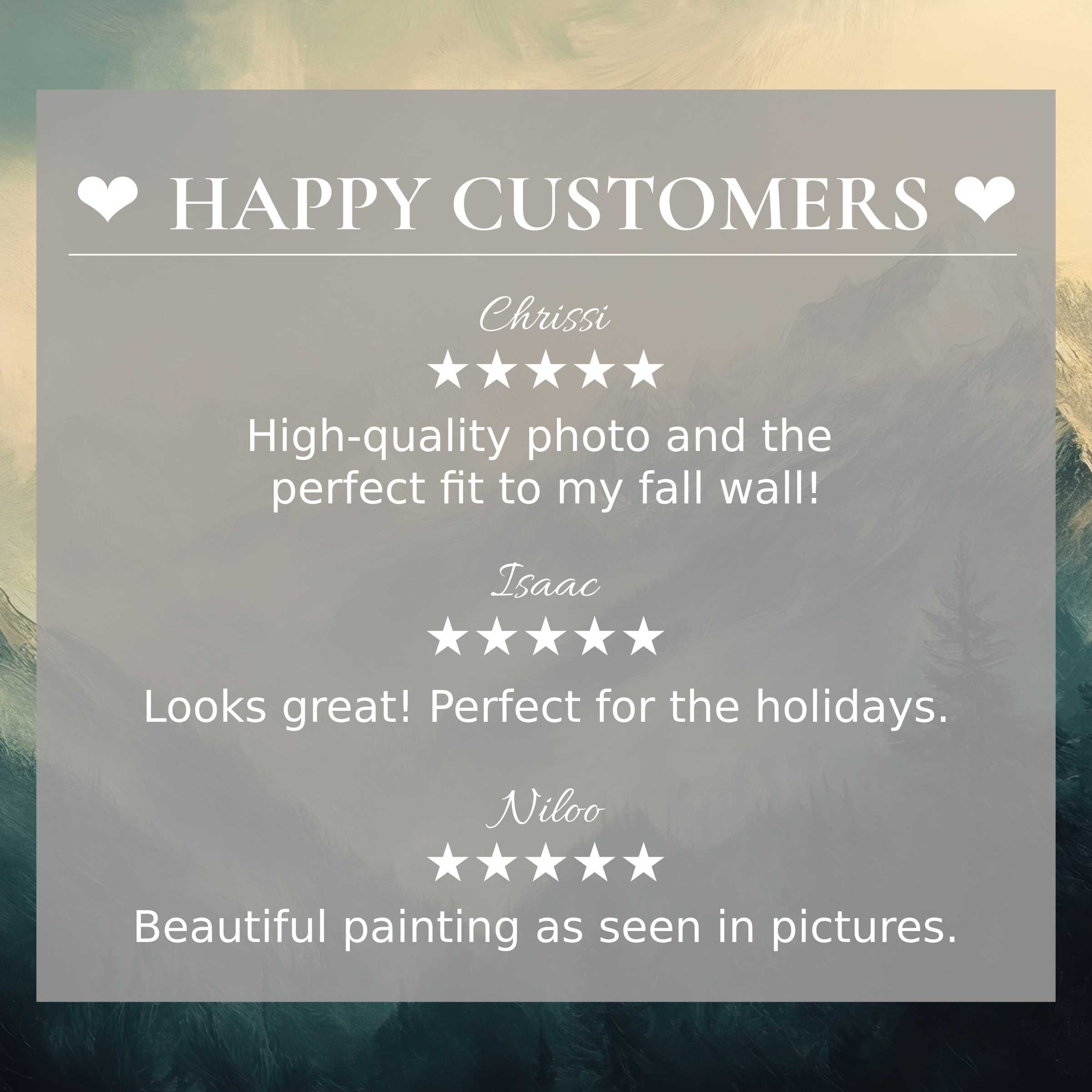 Elegant landscape art for Frame TV with abstract sunset hues; happy customer reviews build trust and highlight quality