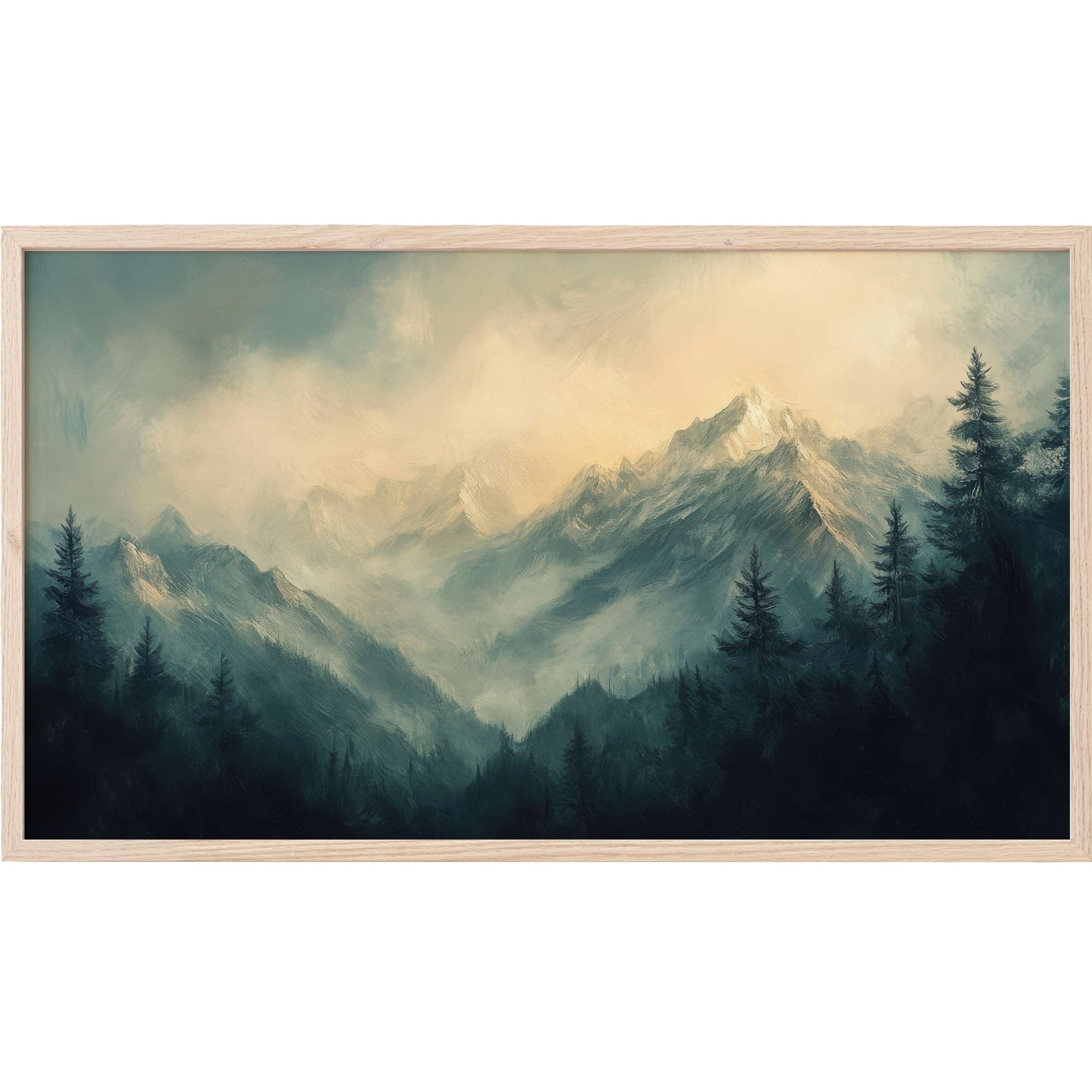 Moody mountain peaks veiled in mist and soft light with dark pine silhouettes, landscape Frame TV Art in muted blues