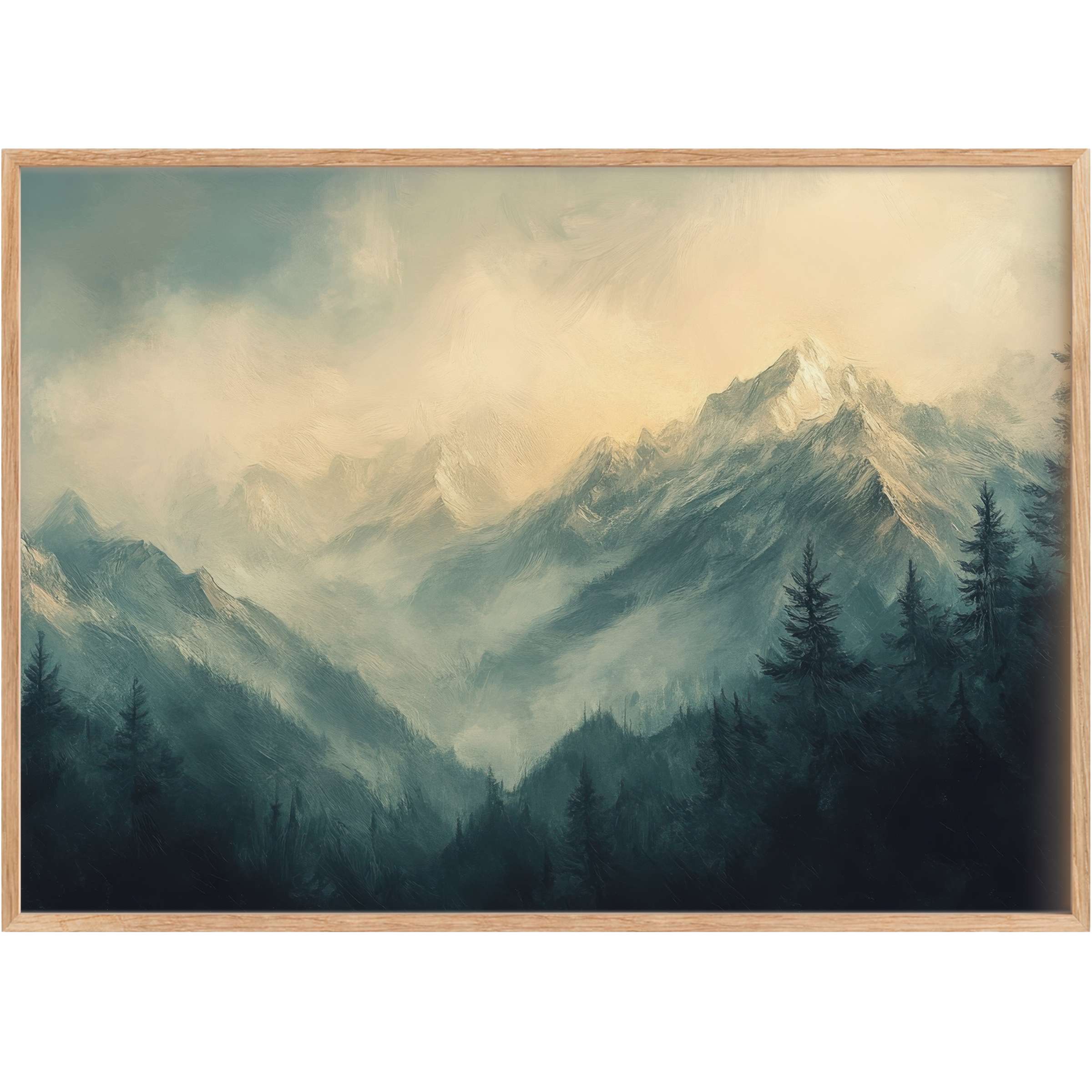 Ethereal mountain peaks bathed in soft golden light, evoking serene calm through moody blues in landscape printable wall art